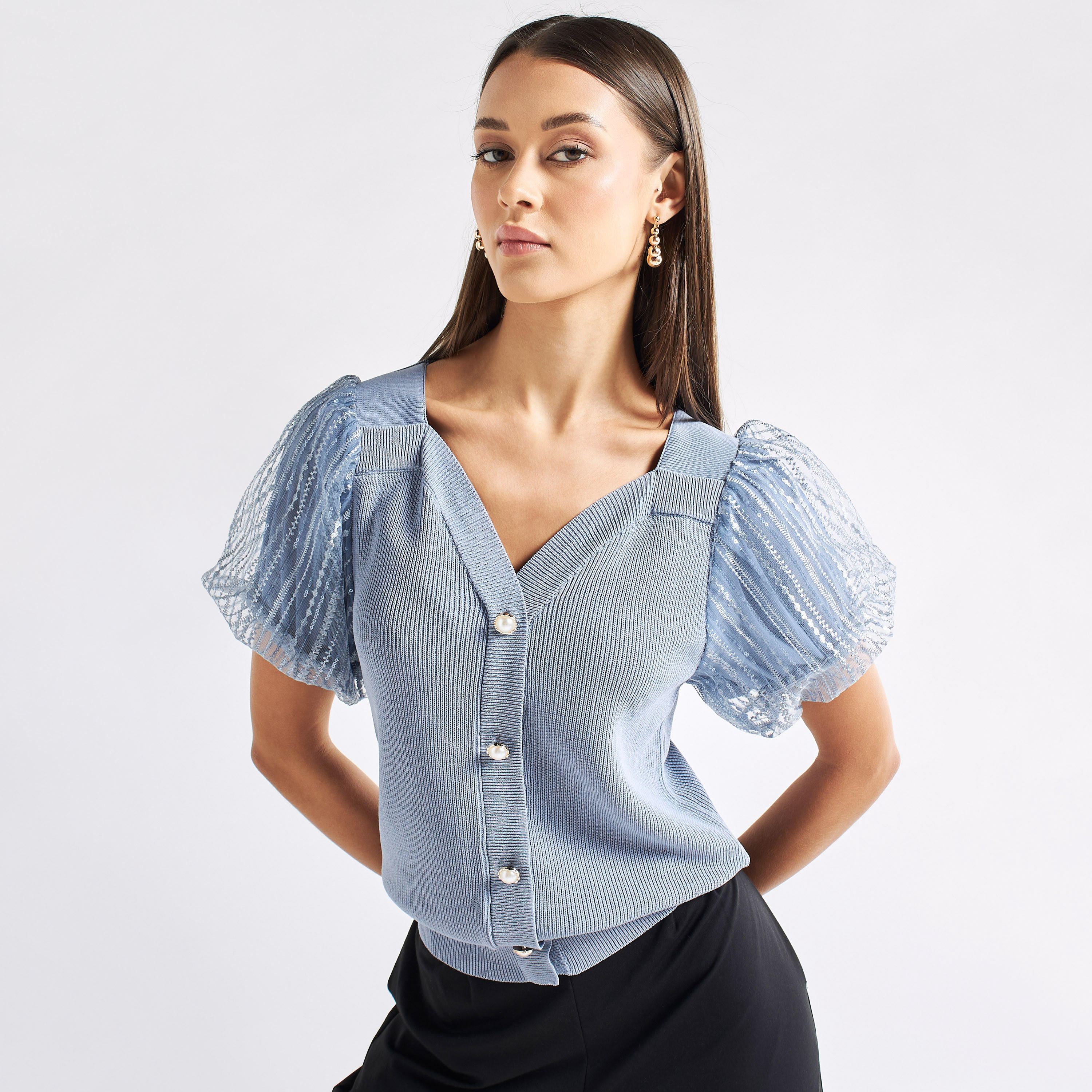 Knit Top with V-neck and Embroidered Organza Puff Sleeves-women-clothing-shirtsandblouses-blouses-image-1
