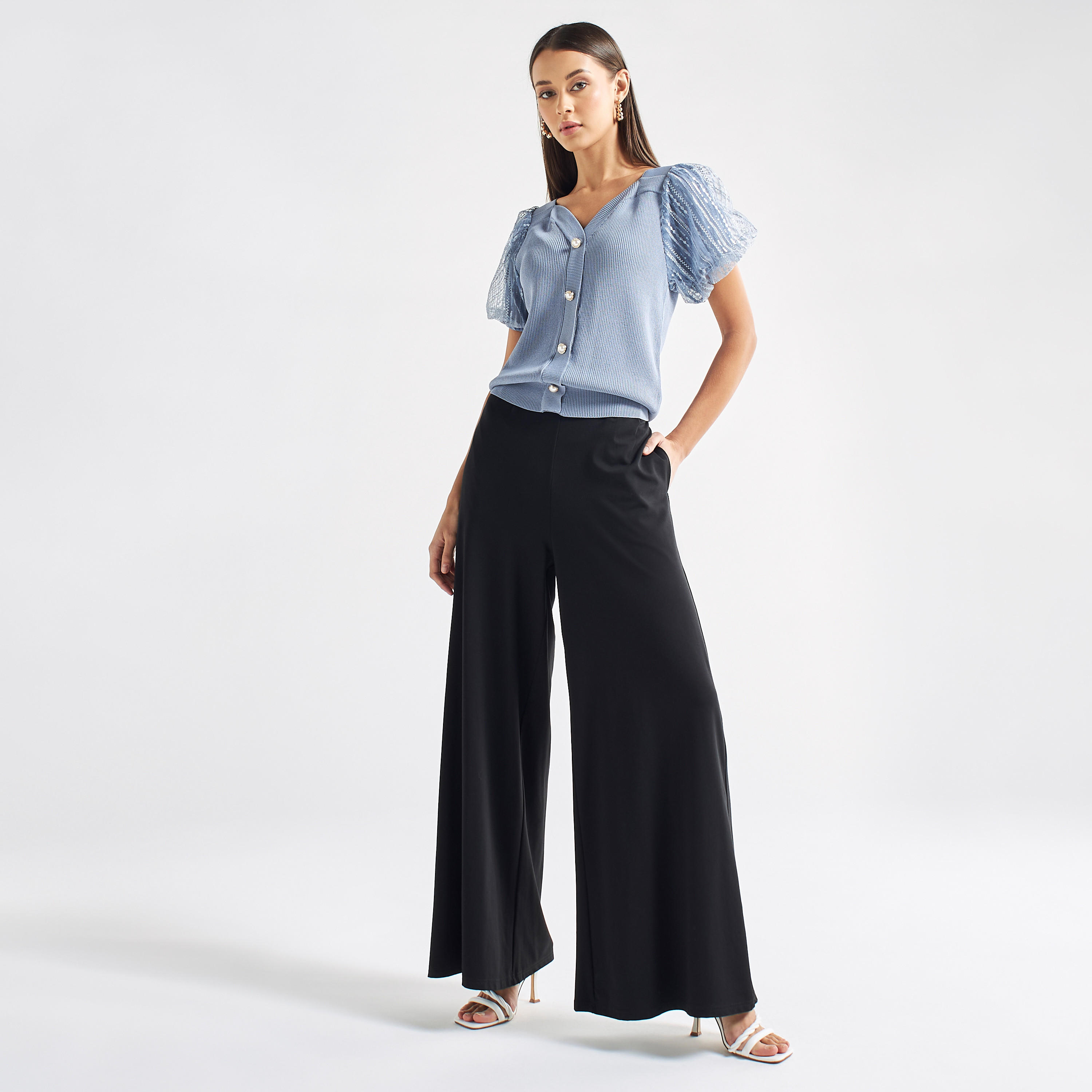 Knit Top with V-neck and Embroidered Organza Puff Sleeves-women-clothing-shirtsandblouses-blouses-image-2