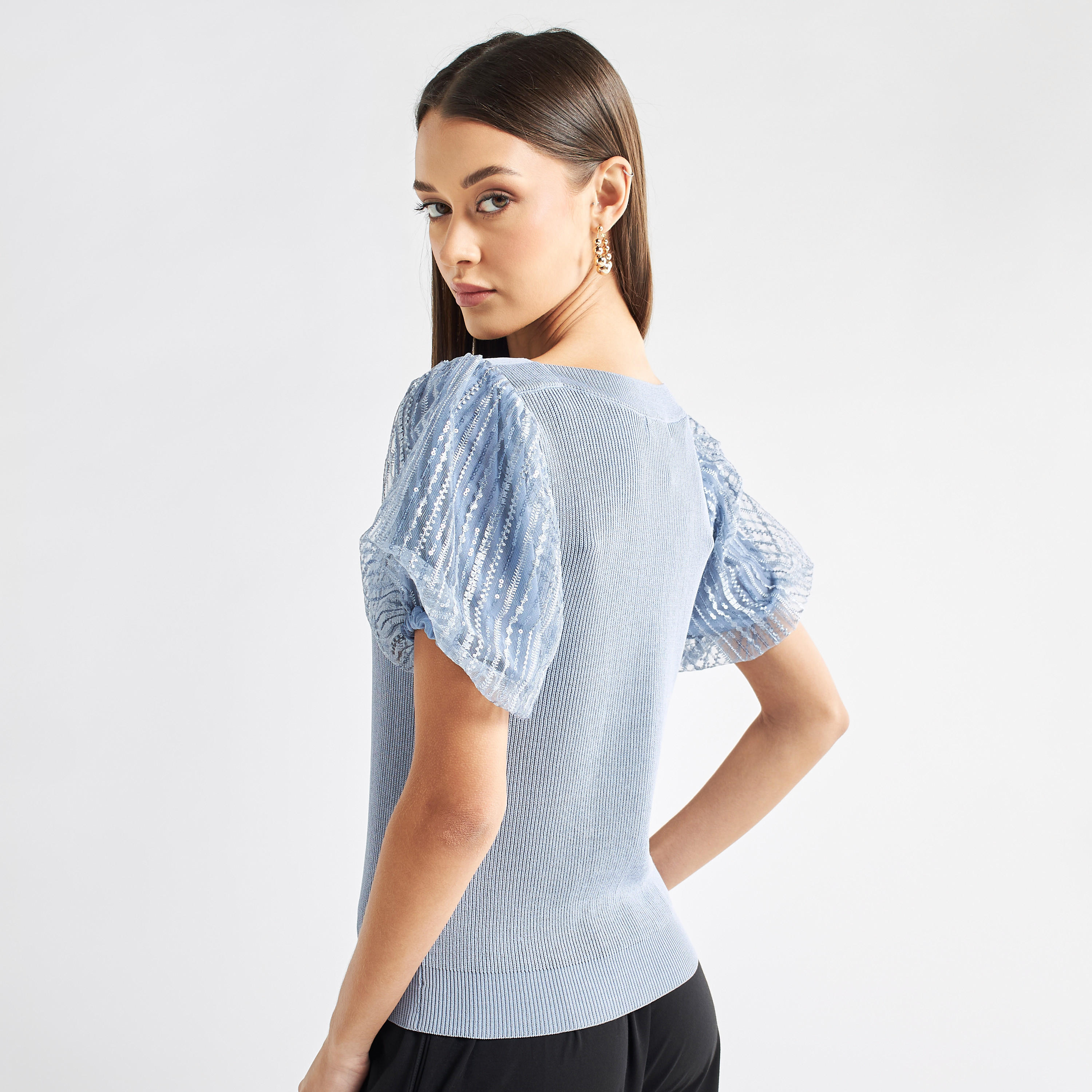 Knit Top with V-neck and Embroidered Organza Puff Sleeves-women-clothing-shirtsandblouses-blouses-image-3