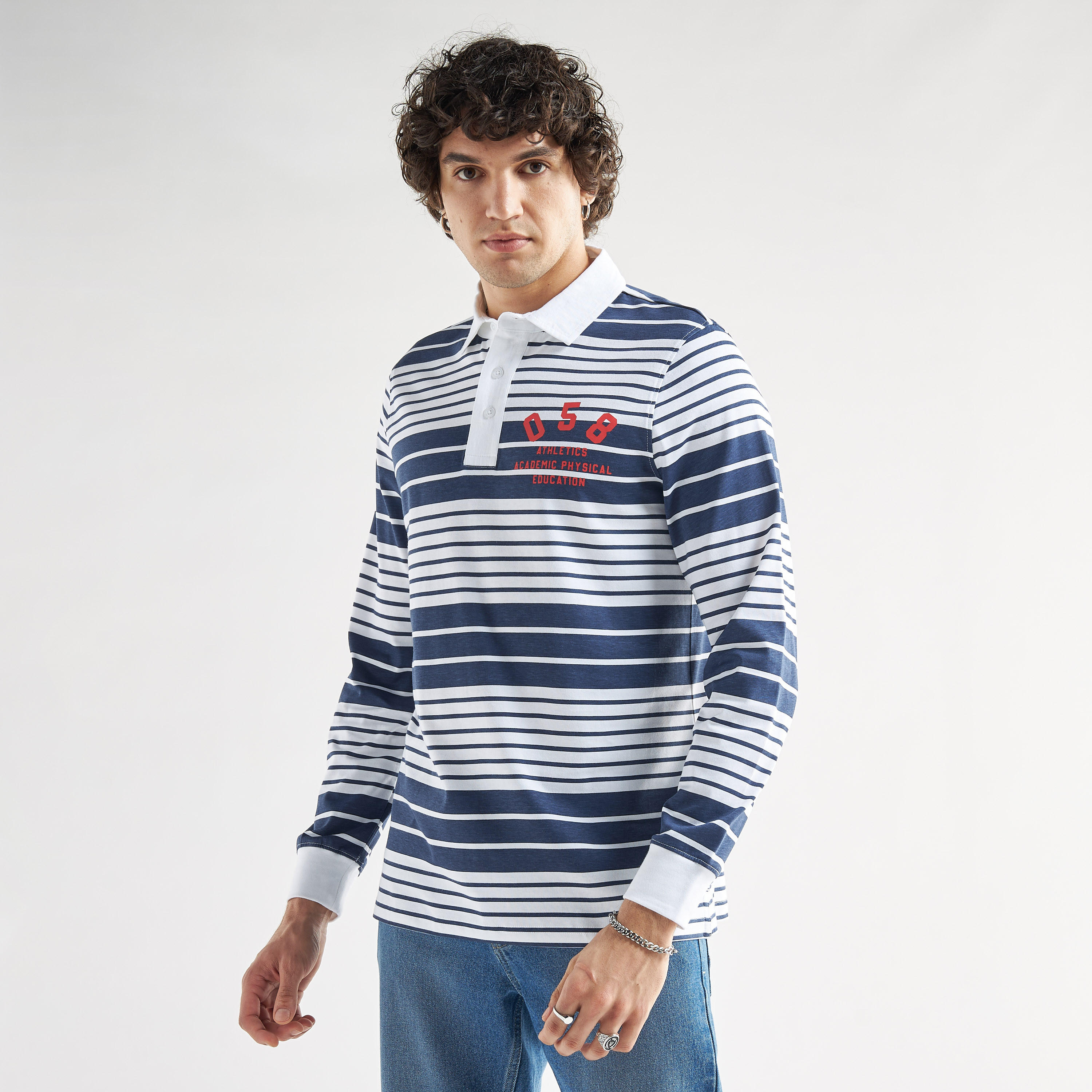 Striped Polo T-shirt with Long Sleeves-men-clothing-tshirtsandpolos-polos-image-1