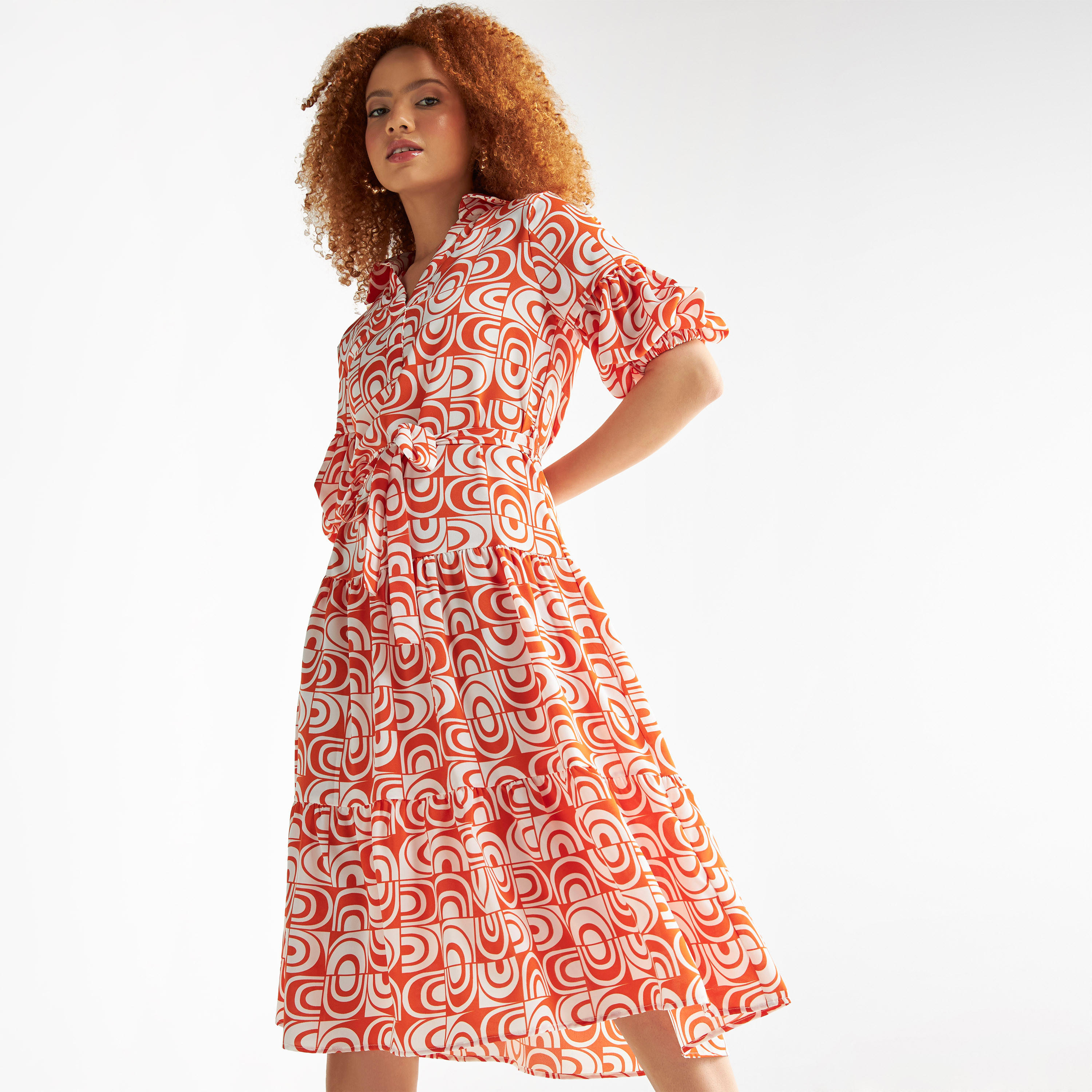 فستان قميص بحزام ربط وأكمام منتفخة وطبعات-women-clothing-dresses-image-1