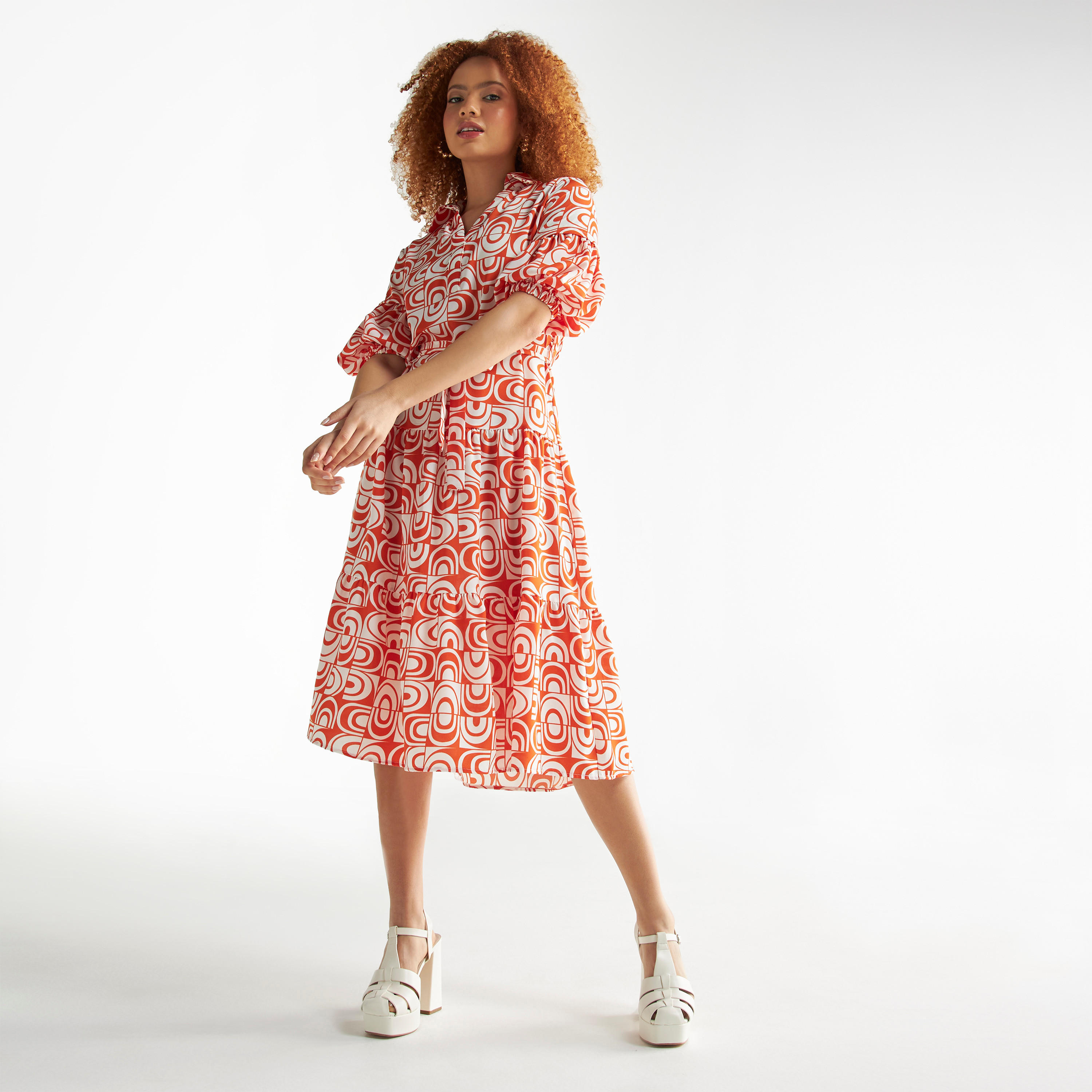فستان قميص بحزام ربط وأكمام منتفخة وطبعات-women-clothing-dresses-image-2