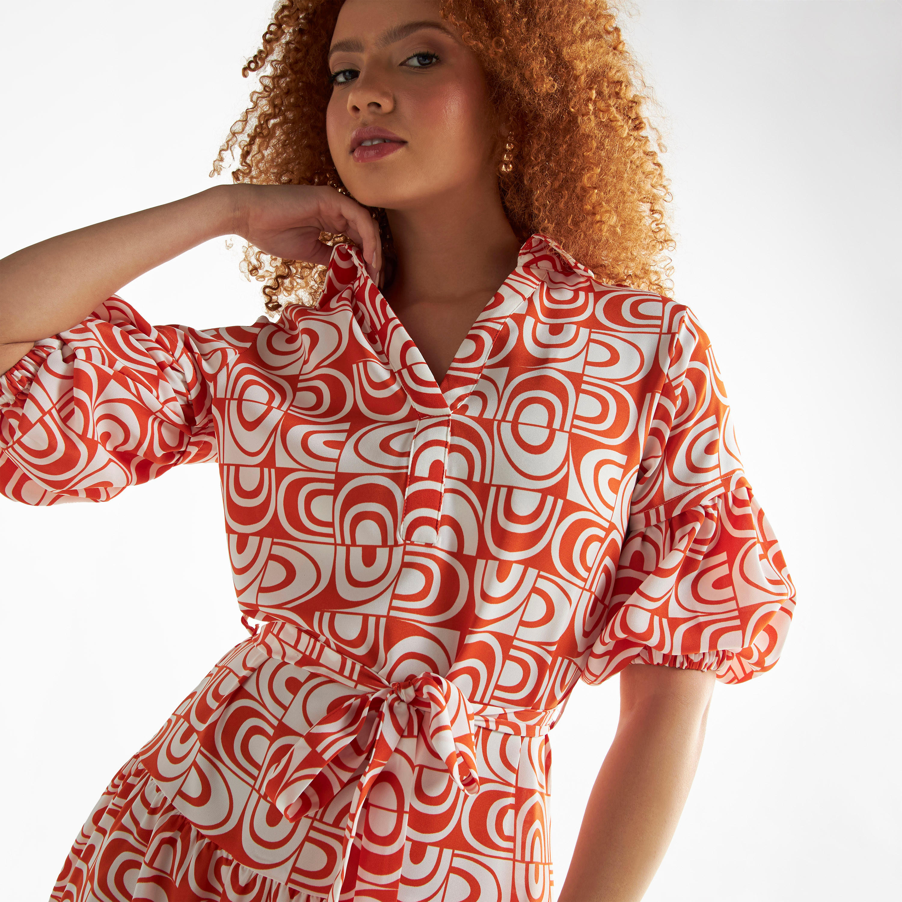 فستان قميص بحزام ربط وأكمام منتفخة وطبعات-women-clothing-dresses-image-4