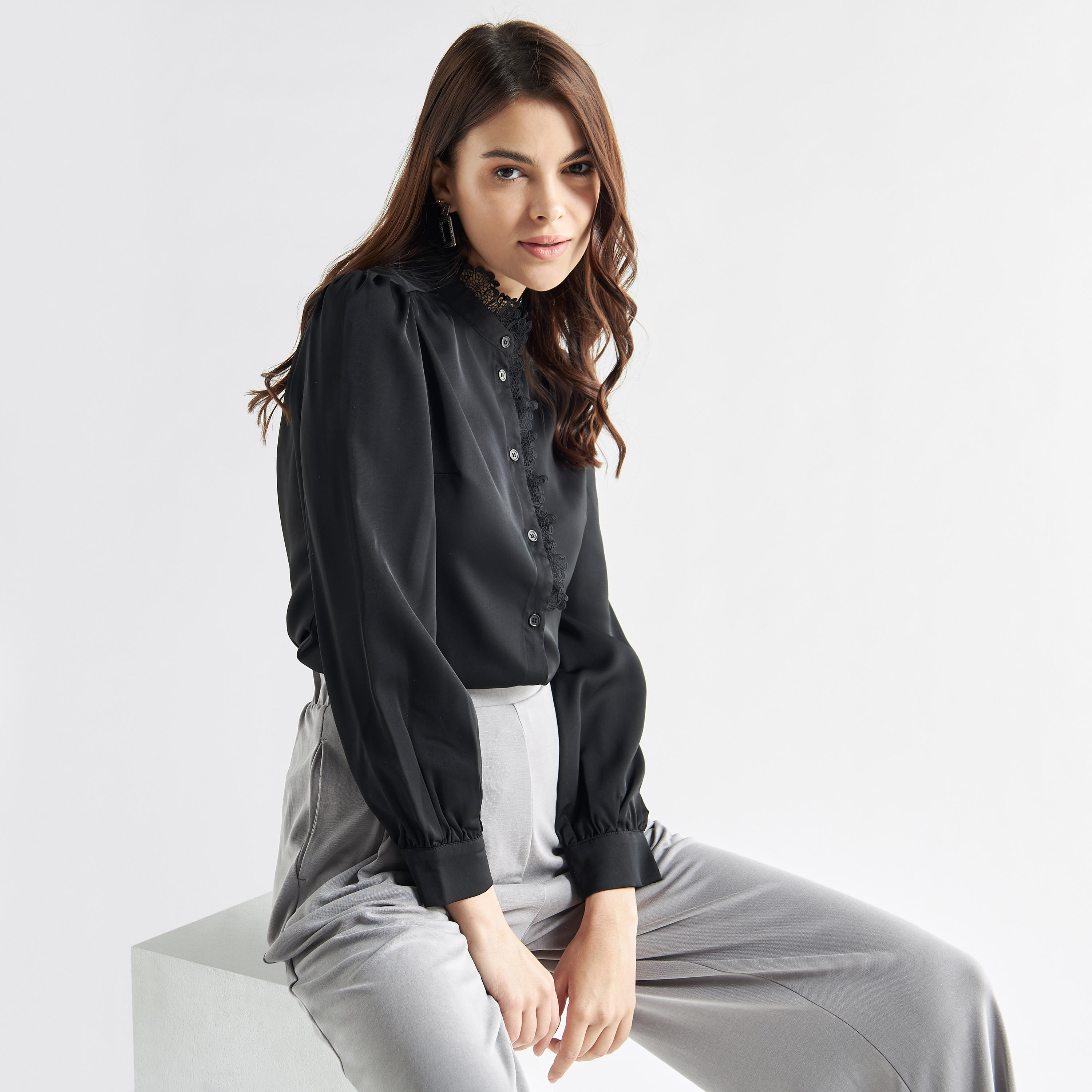 Lace Detail Button Through Top with Mandarin Collar and Long Sleeves-women-clothing-shirtsandblouses-blouses-image-1