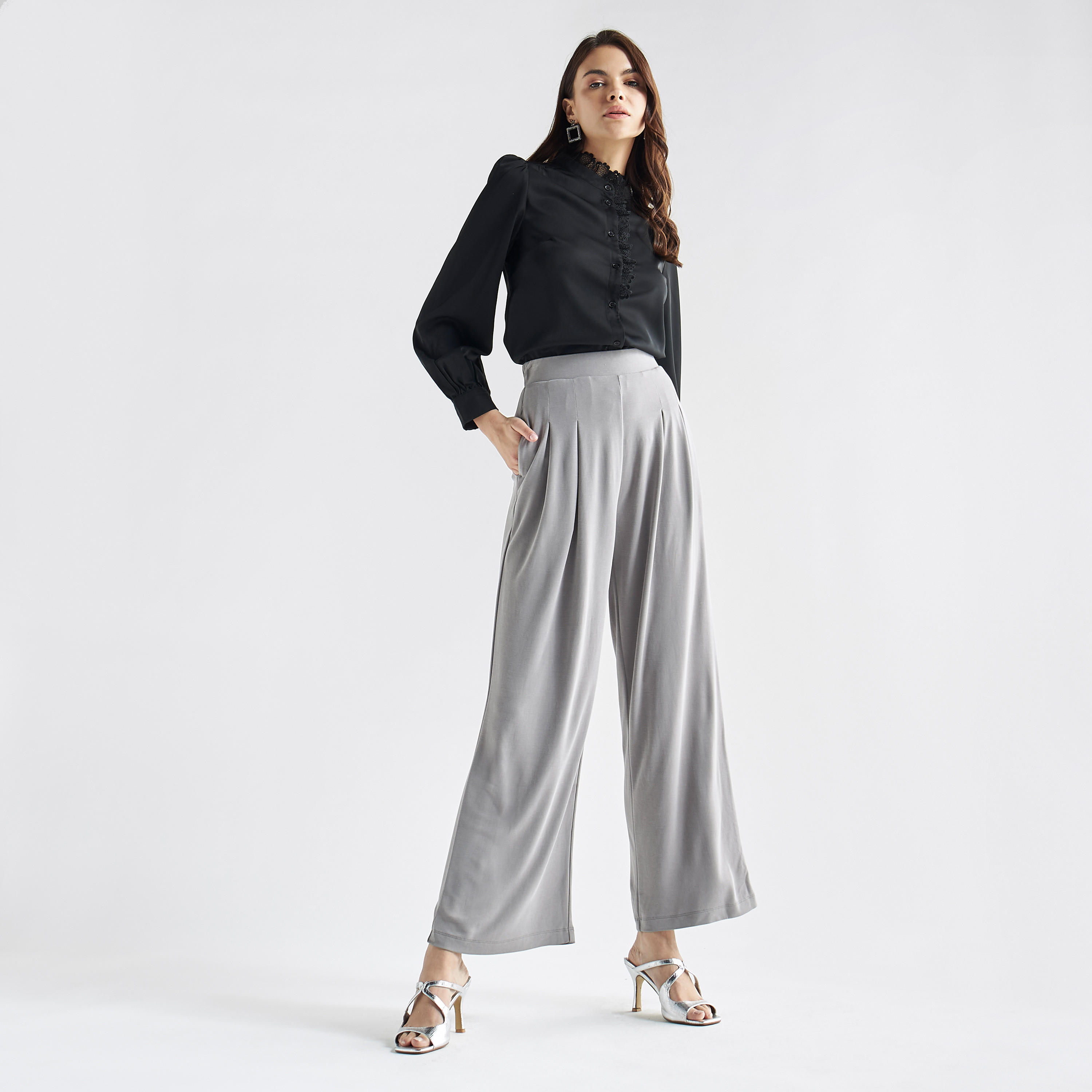 Lace Detail Button Through Top with Mandarin Collar and Long Sleeves-women-clothing-shirtsandblouses-blouses-image-2