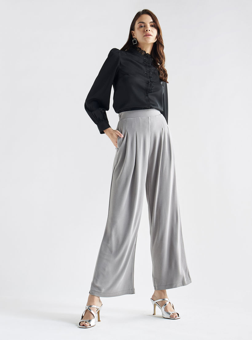 Lace Detail Button Through Top with Mandarin Collar and Long Sleeves-women-clothing-shirtsandblouses-blouses-image-2