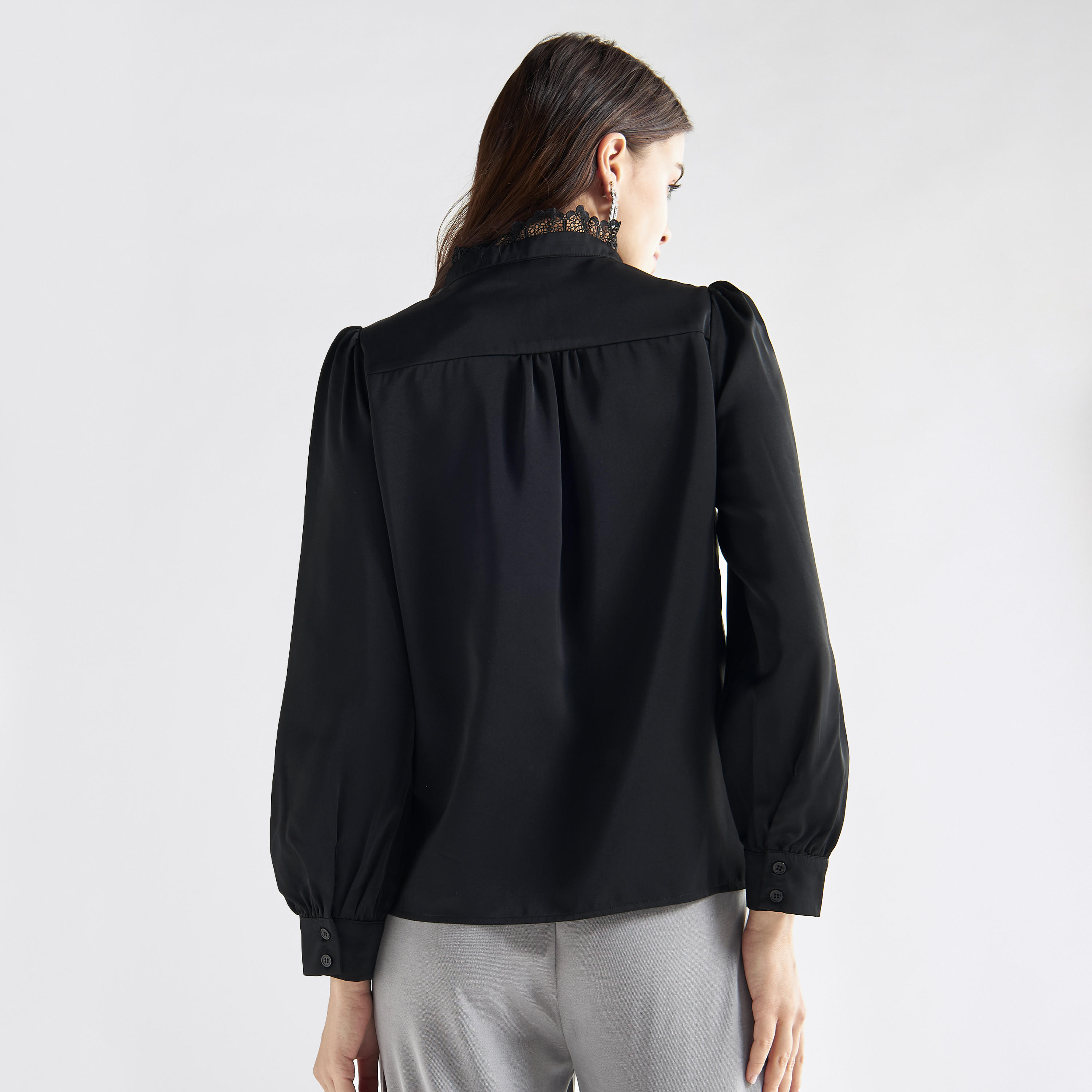 Lace Detail Button Through Top with Mandarin Collar and Long Sleeves-women-clothing-shirtsandblouses-blouses-image-3