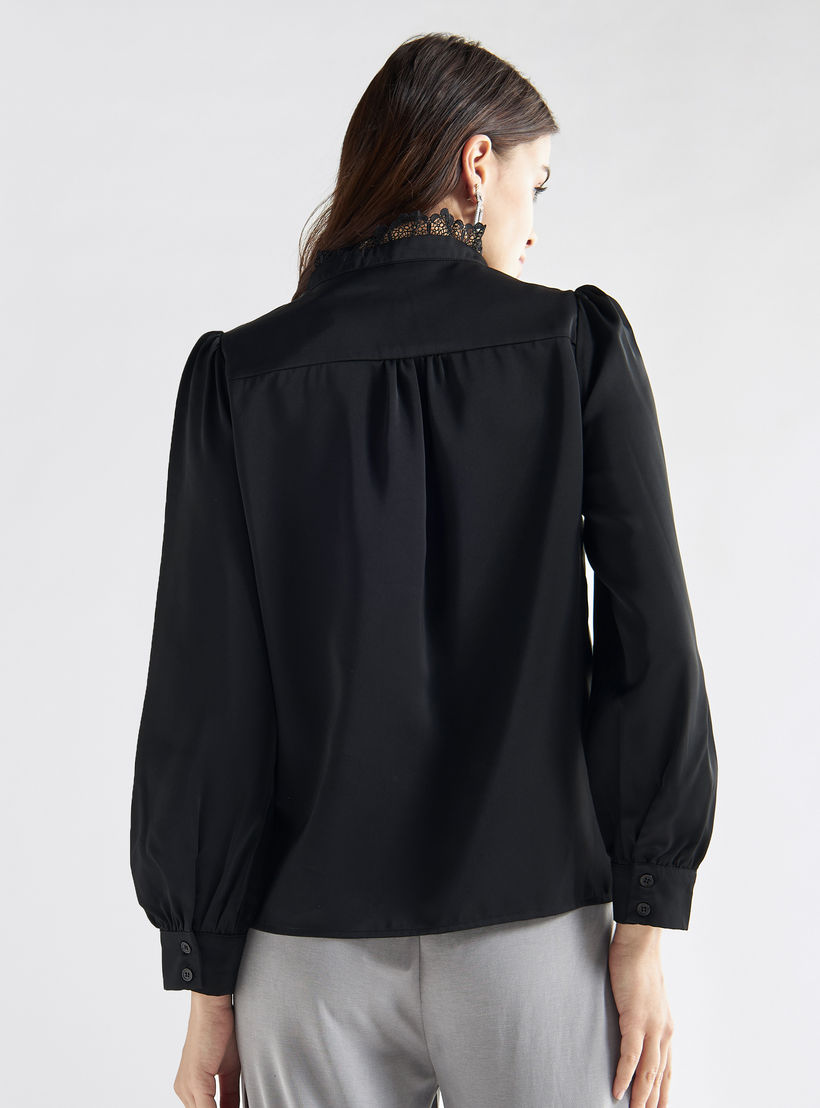 Lace Detail Button Through Top with Mandarin Collar and Long Sleeves-women-clothing-shirtsandblouses-blouses-image-3
