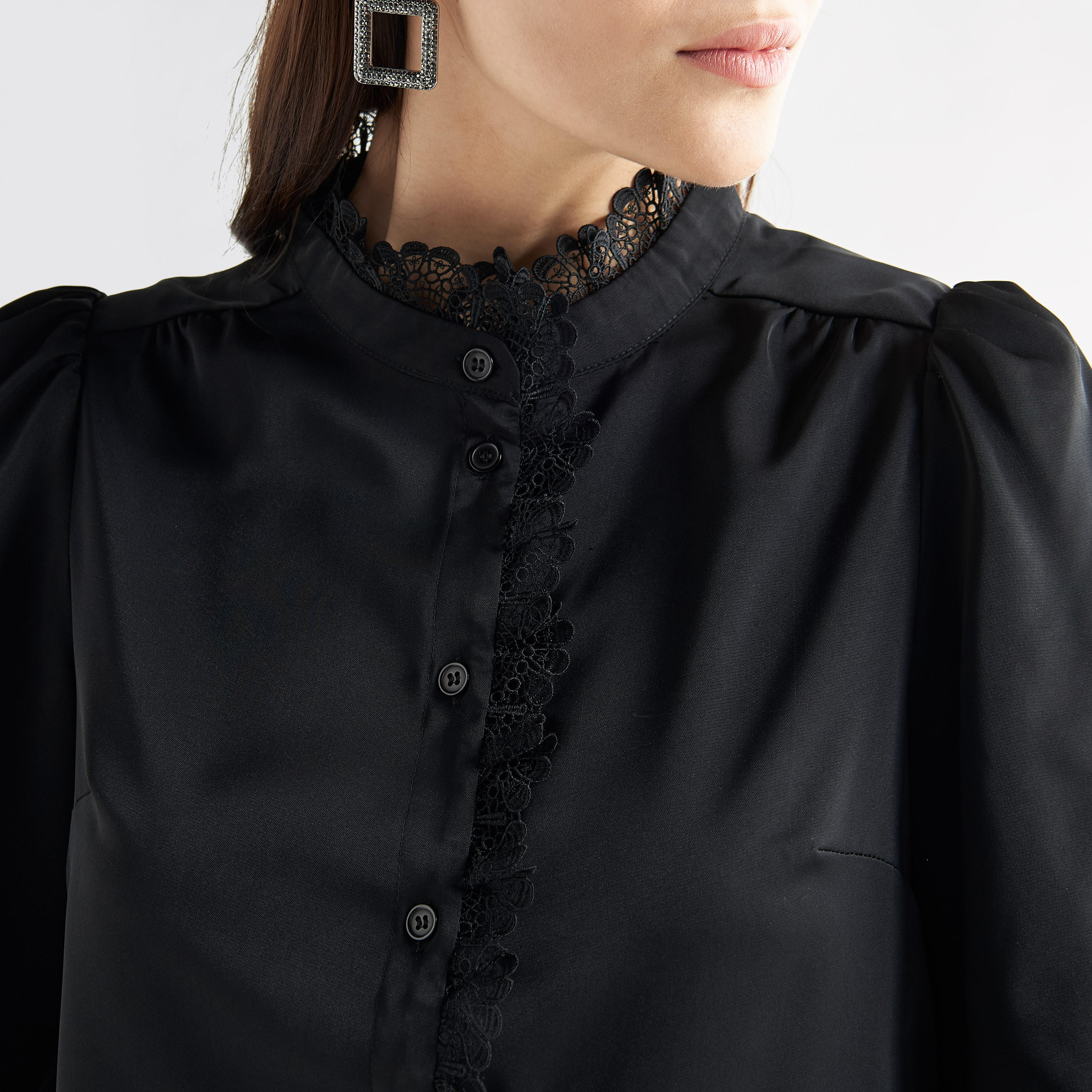Lace Detail Button Through Top with Mandarin Collar and Long Sleeves-women-clothing-shirtsandblouses-blouses-image-4