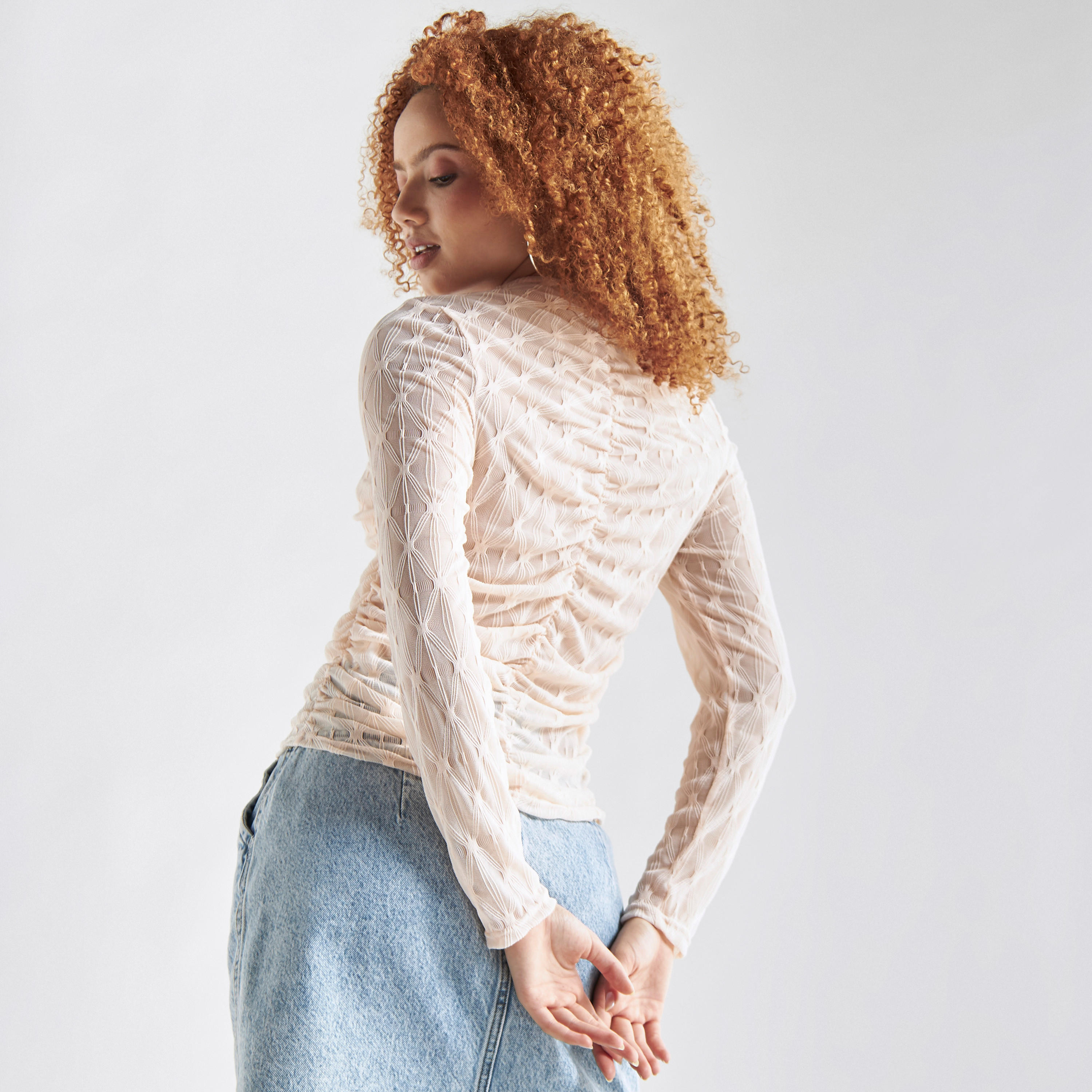 Textured Crew Neck Top with Ruched Detail and Long Sleeves-women-clothing-shirtsandblouses-blouses-image-11