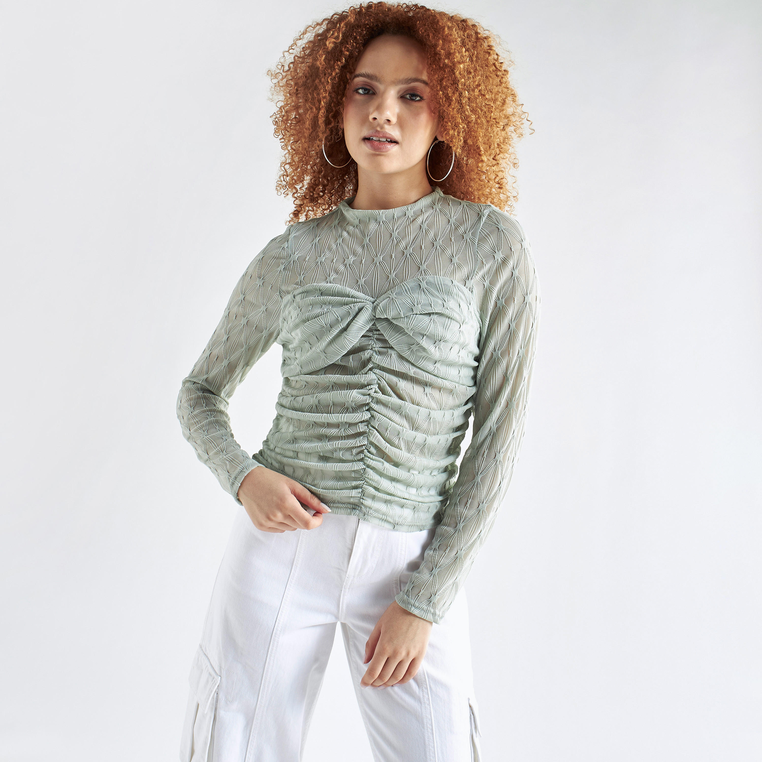 Textured Crew Neck Top with Ruched Detail and Long Sleeves-women-clothing-shirtsandblouses-blouses-image-5
