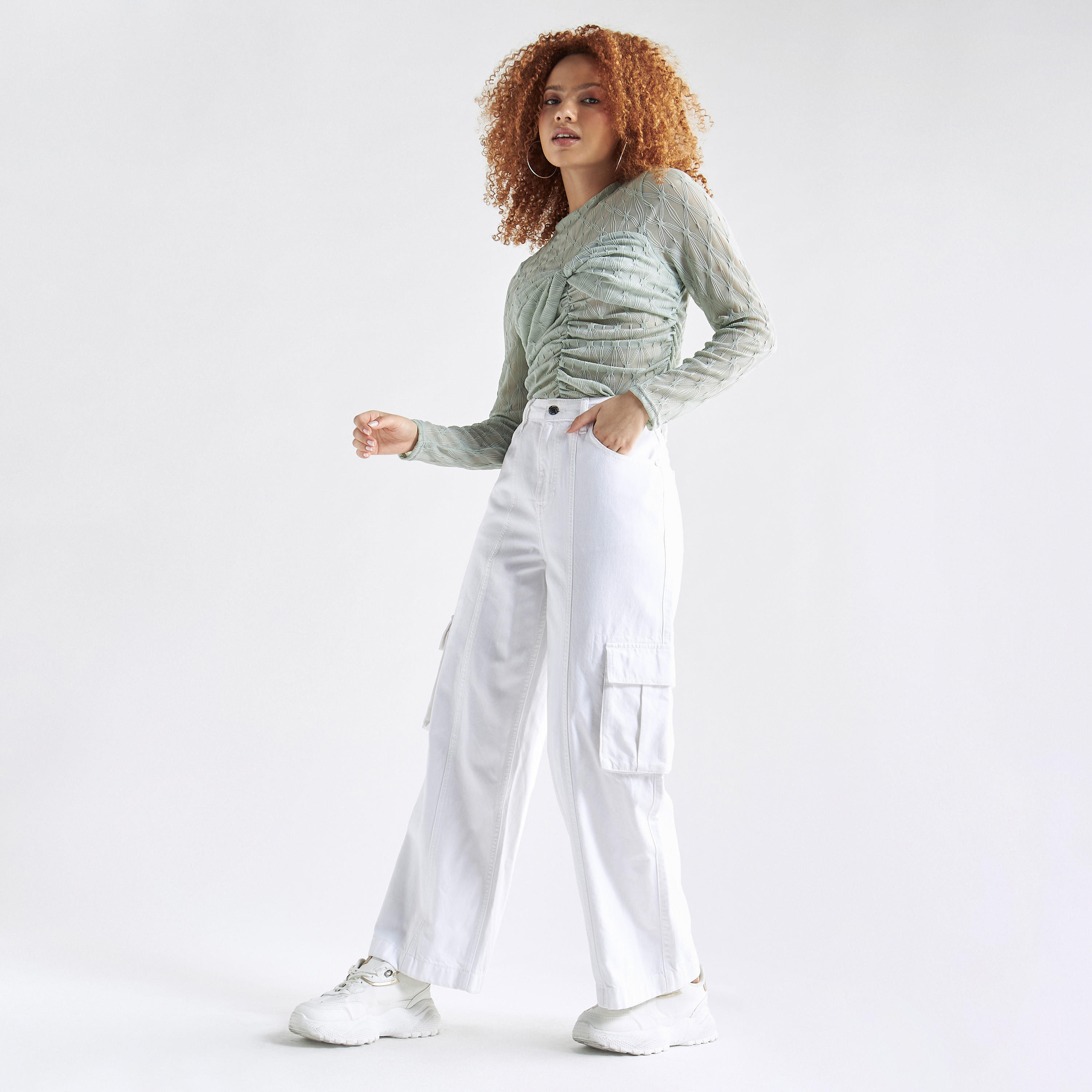 Textured Crew Neck Top with Ruched Detail and Long Sleeves-women-clothing-shirtsandblouses-blouses-image-6