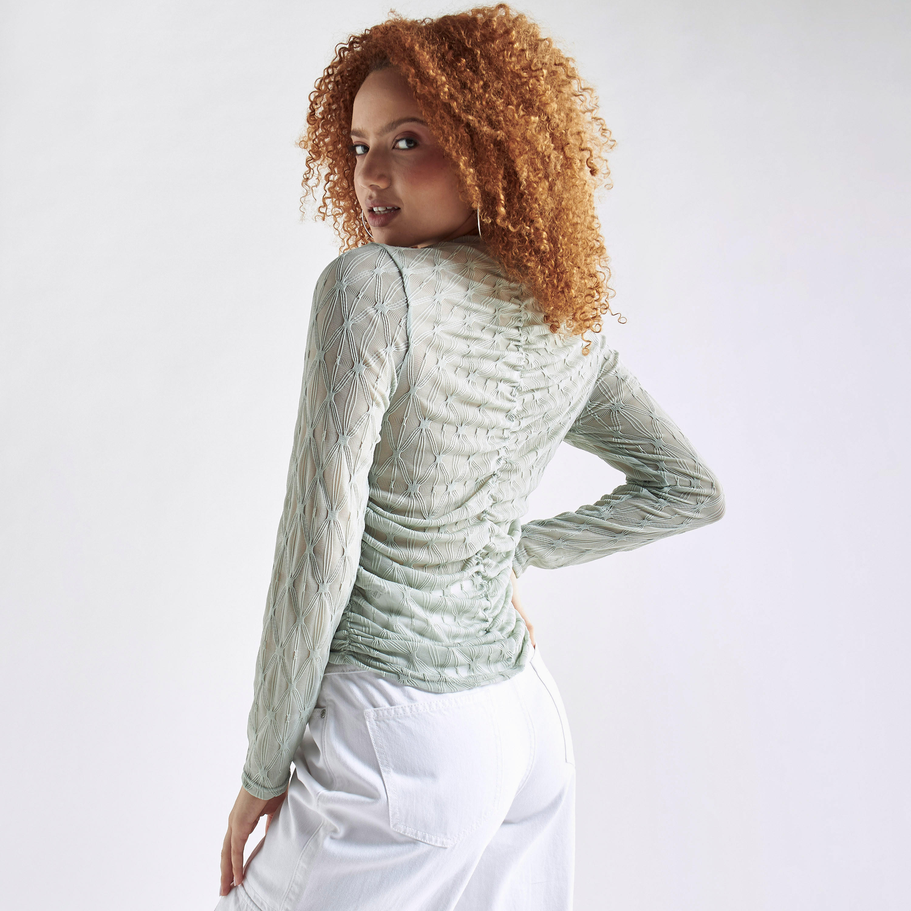 Textured Crew Neck Top with Ruched Detail and Long Sleeves-women-clothing-shirtsandblouses-blouses-image-7