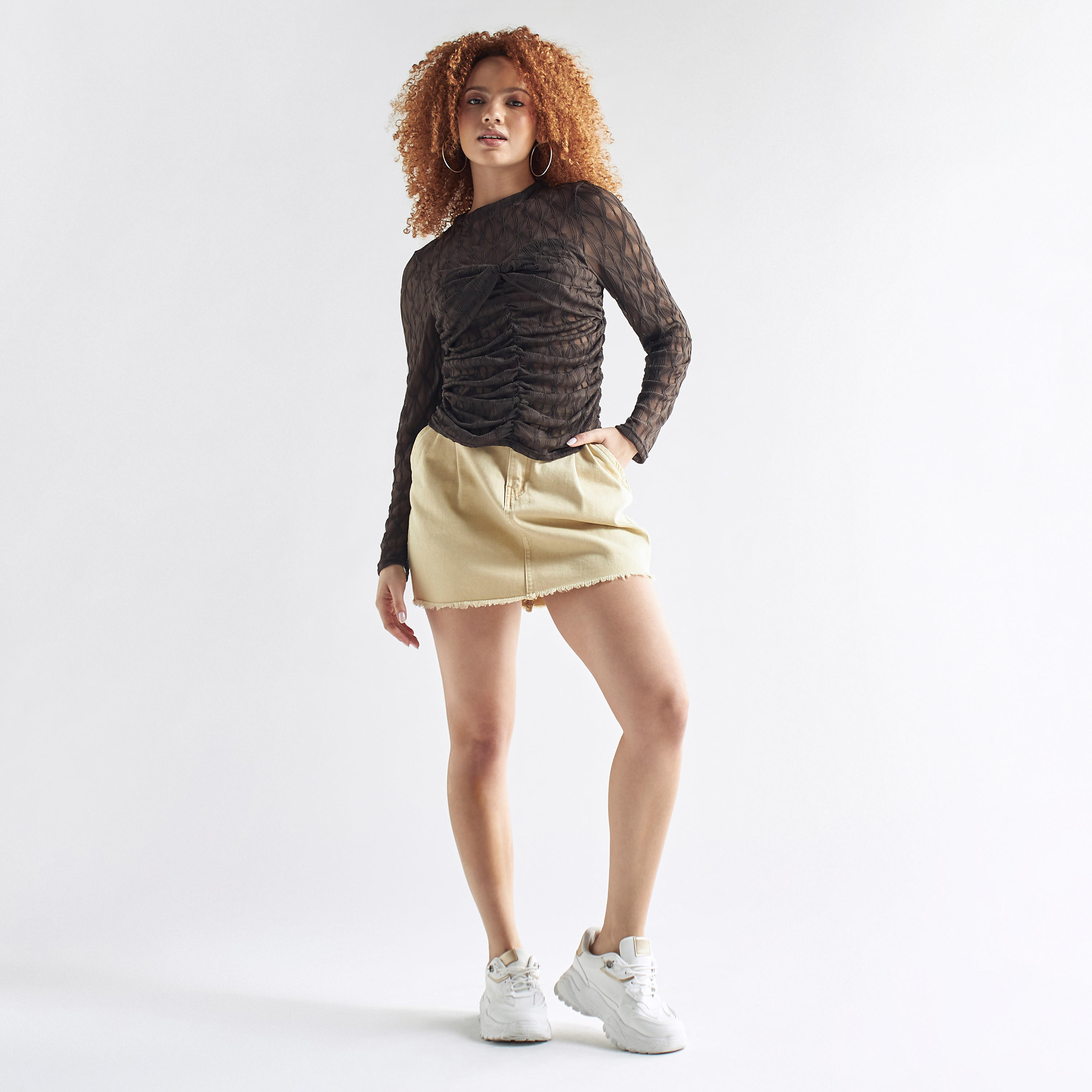 Textured Crew Neck Top with Ruched Detail and Long Sleeves-women-clothing-shirtsandblouses-blouses-image-2
