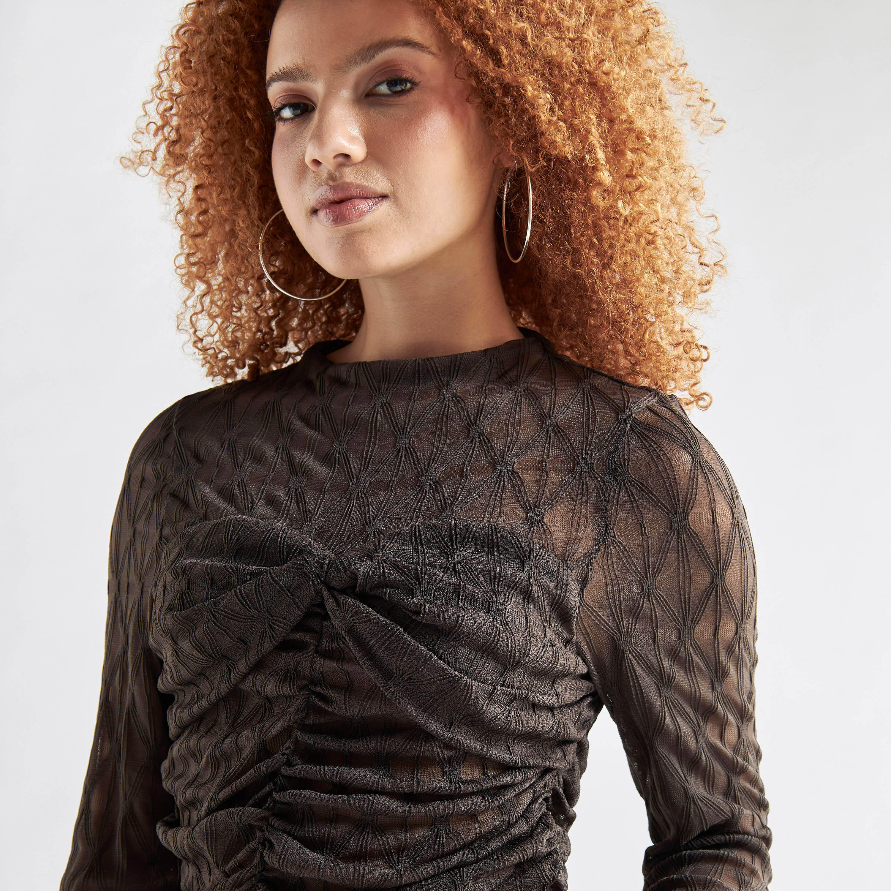 Textured Crew Neck Top with Ruched Detail and Long Sleeves-women-clothing-shirtsandblouses-blouses-image-4