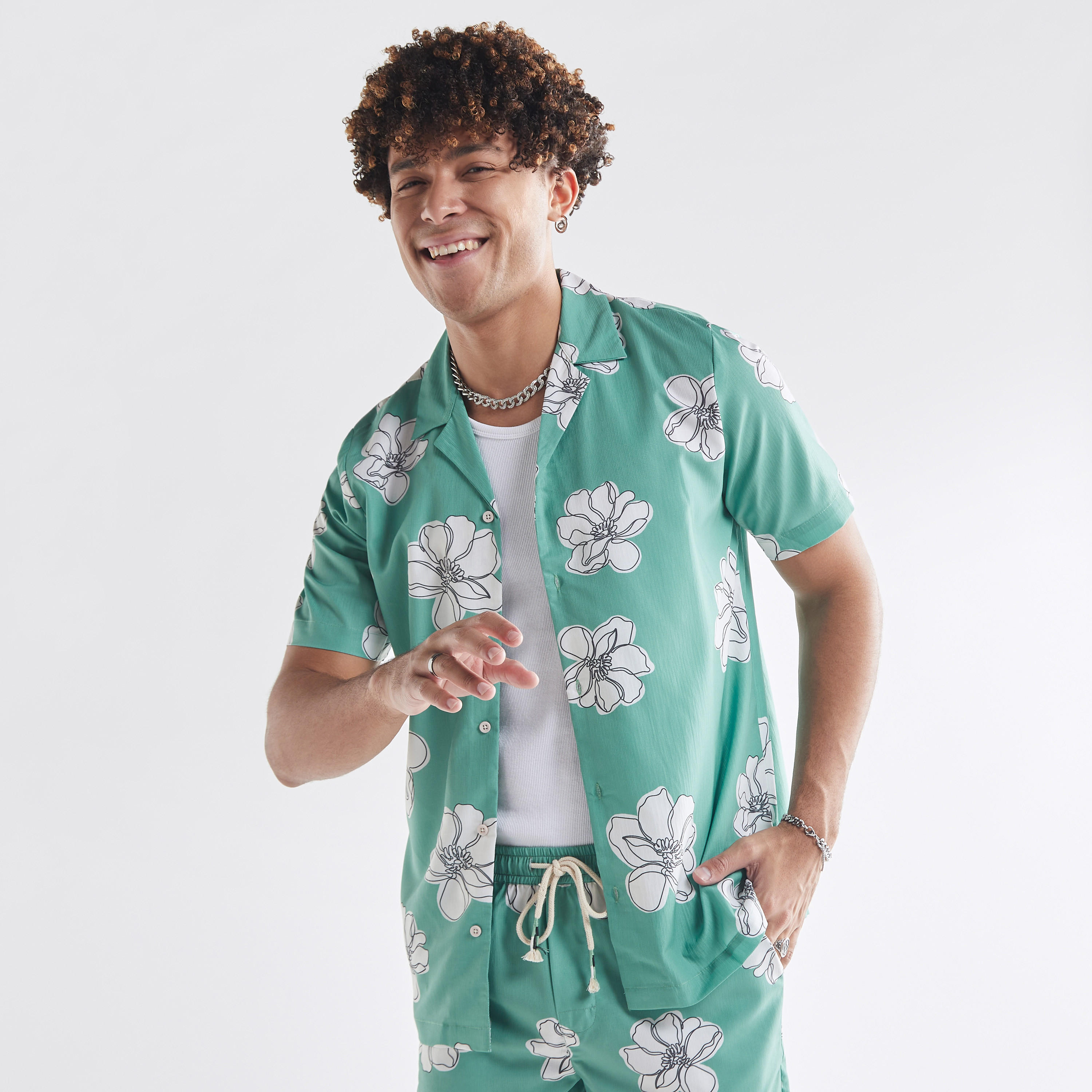 All-Over Floral Print Camp Collar Shirt with Short Sleeves-men-clothing-shirts-image-1