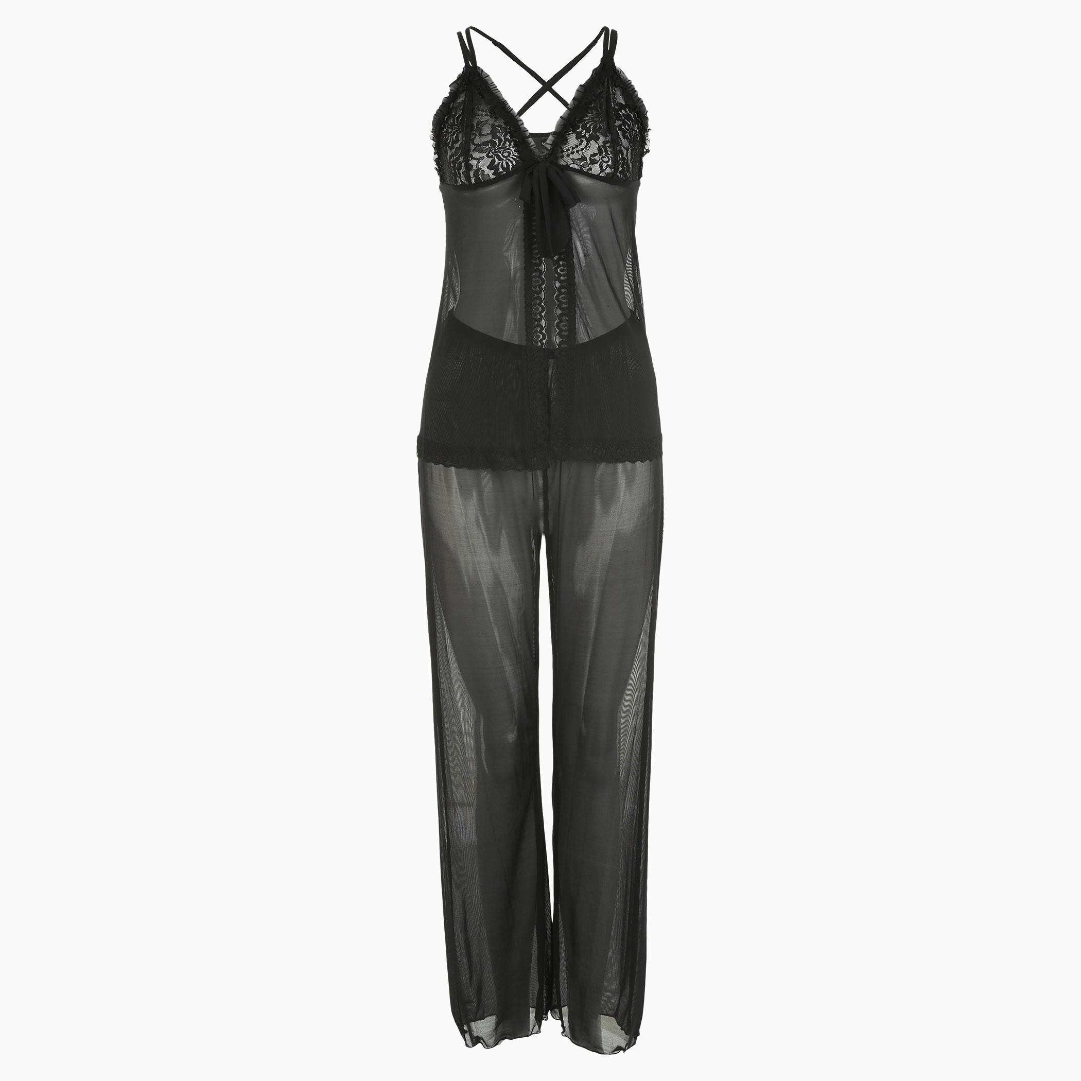 طقم بنطال بيجاما وبلوزة كامي دانتيل-women-clothing-nightwear-pyjamas-longsets-image-1