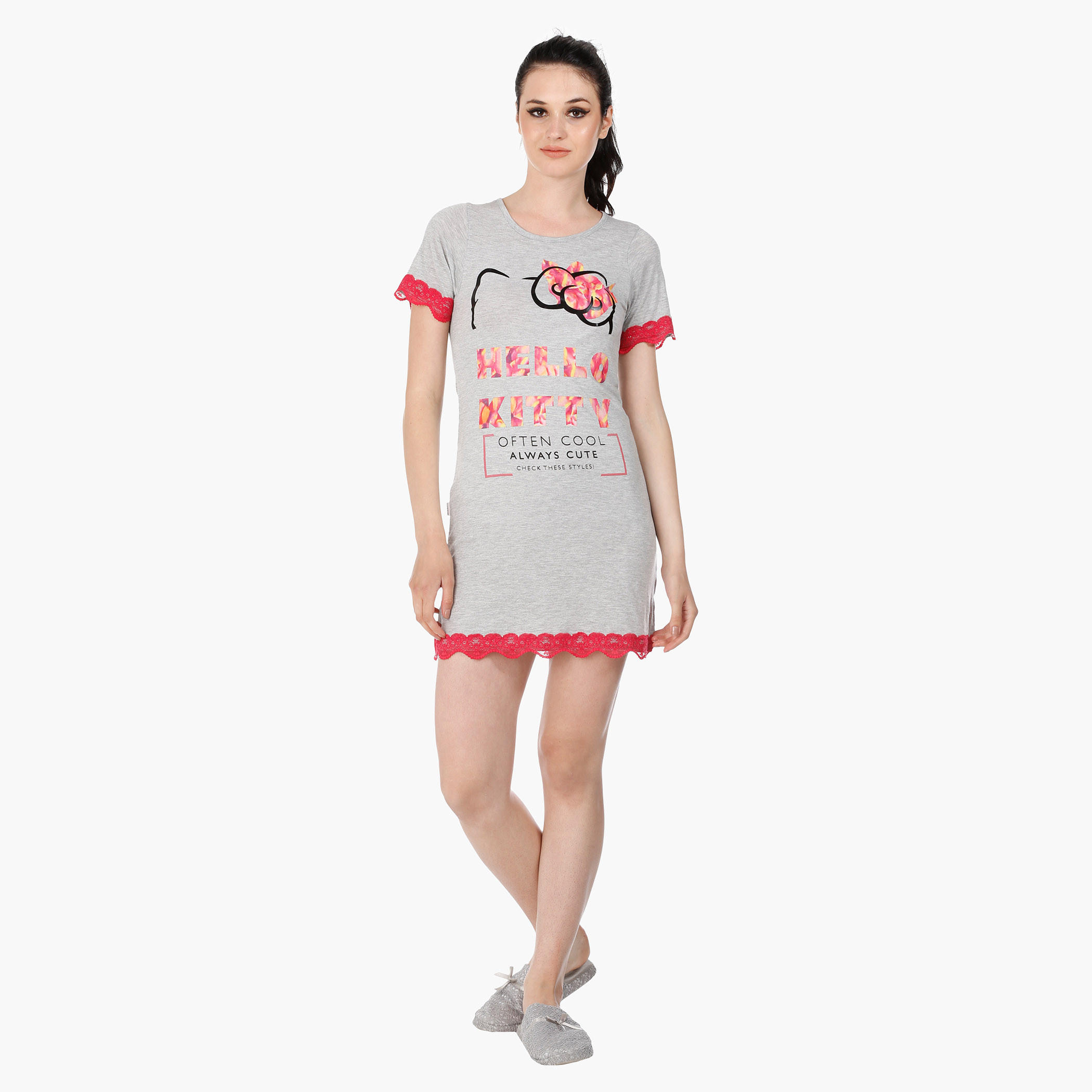 Hello Kitty Print Short Dress in Regular Fit-women-clothing-nightwear-nighties-image-5