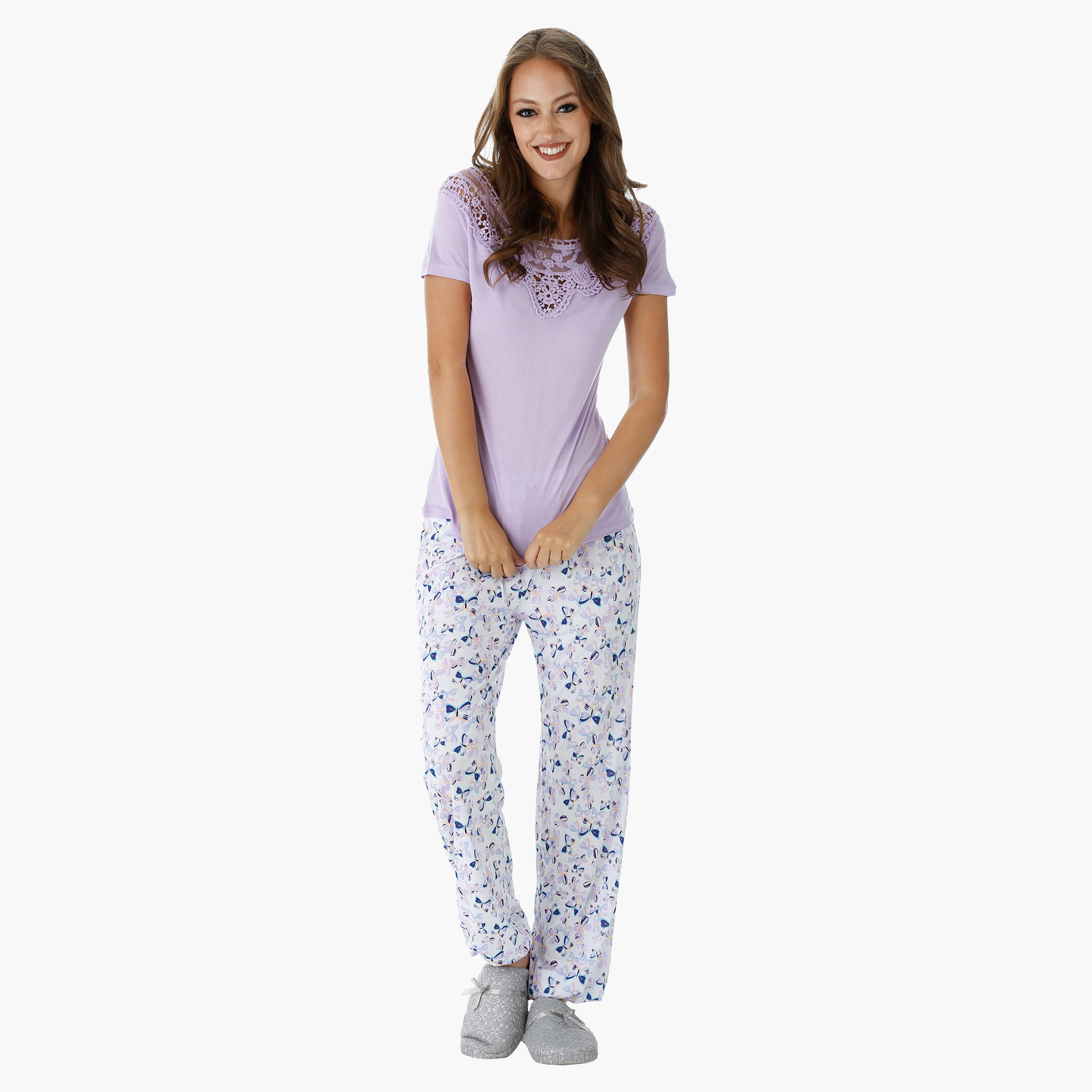 Printed Pajama Set with Lace Embroidered Top-women-clothing-nightwear-pyjamas-longsets-image-1