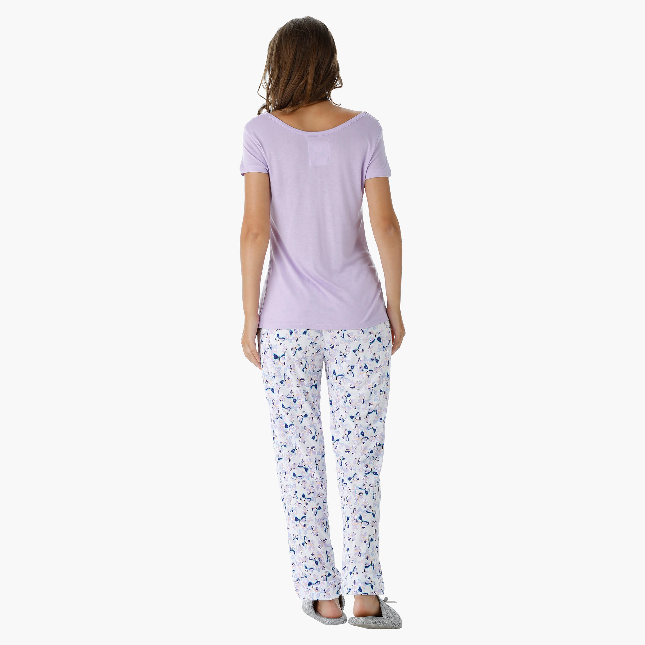 Printed Pajama Set with Lace Embroidered Top-women-clothing-nightwear-pyjamas-longsets-image-2
