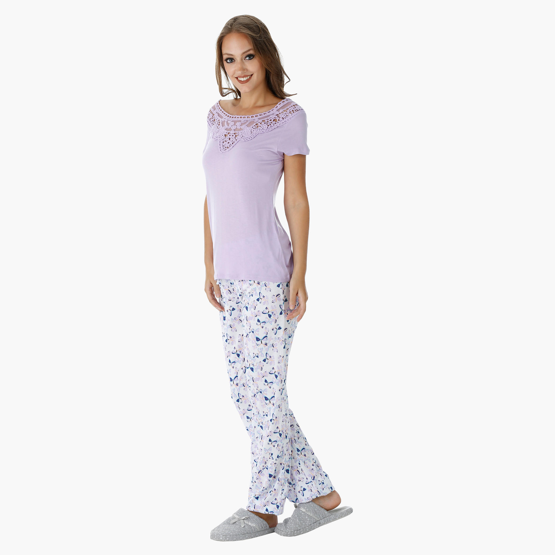 Printed Pajama Set with Lace Embroidered Top-women-clothing-nightwear-pyjamas-longsets-image-3