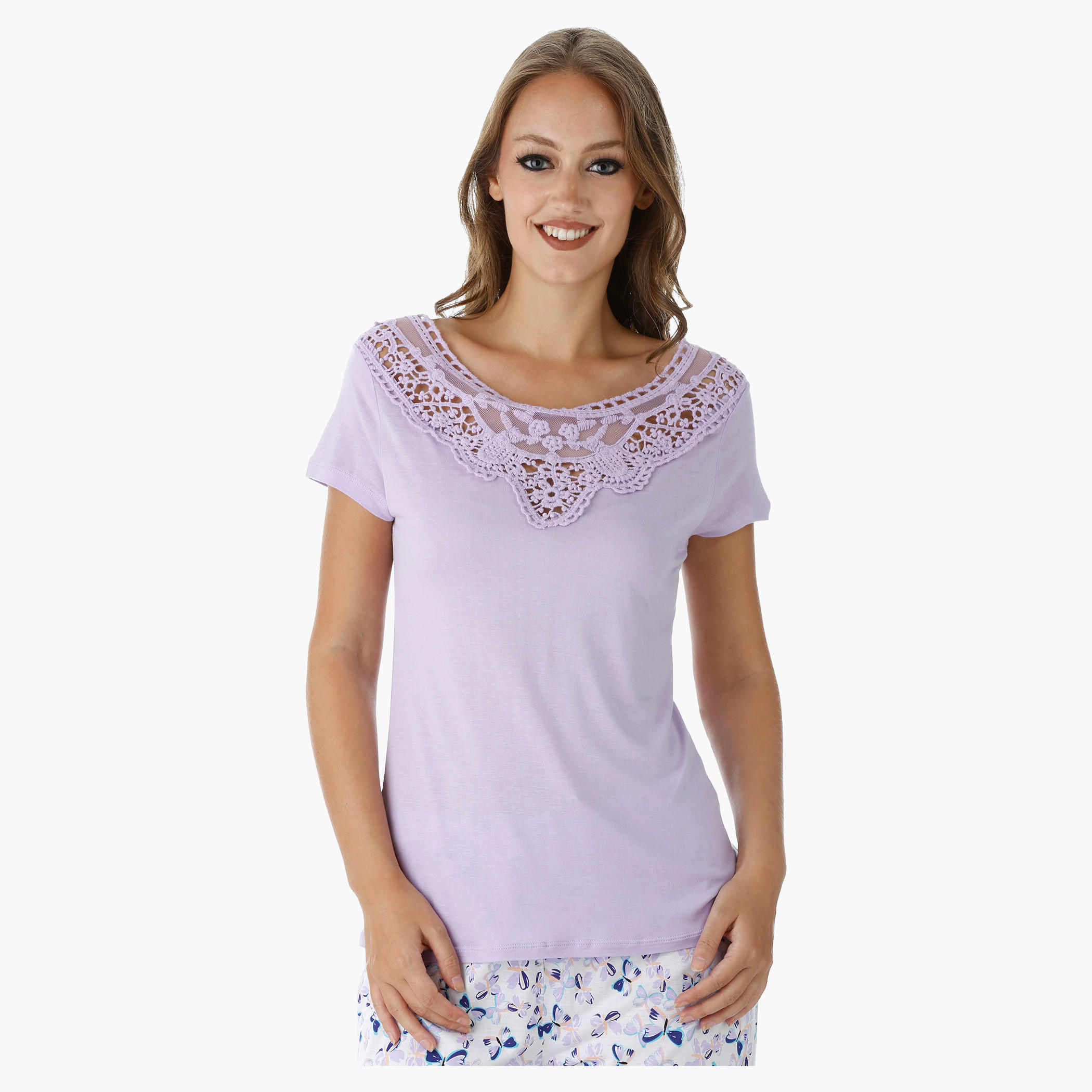 Printed Pajama Set with Lace Embroidered Top-women-clothing-nightwear-pyjamas-longsets-image-4