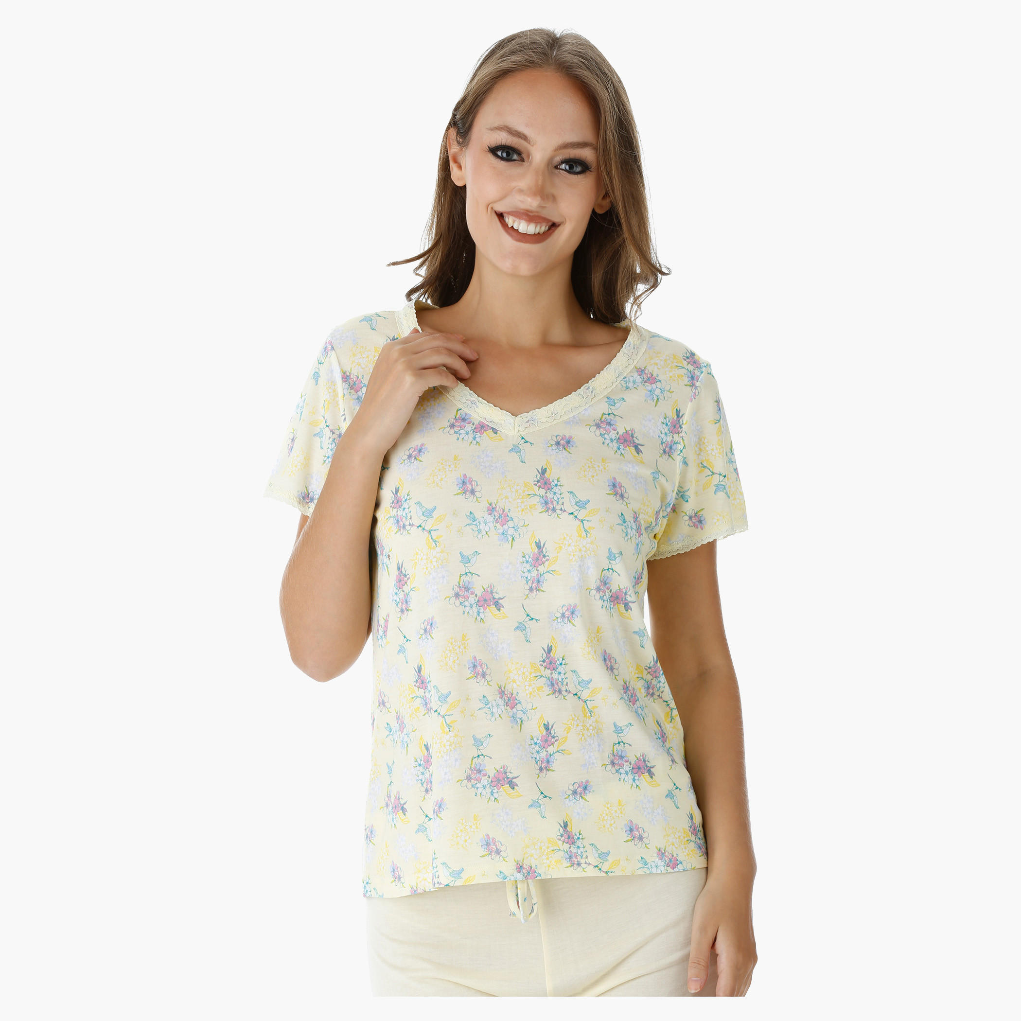 طقم بيجاما بطبعات وتفاصيل دانتيل-women-clothing-nightwear-pyjamas-longsets-image-4