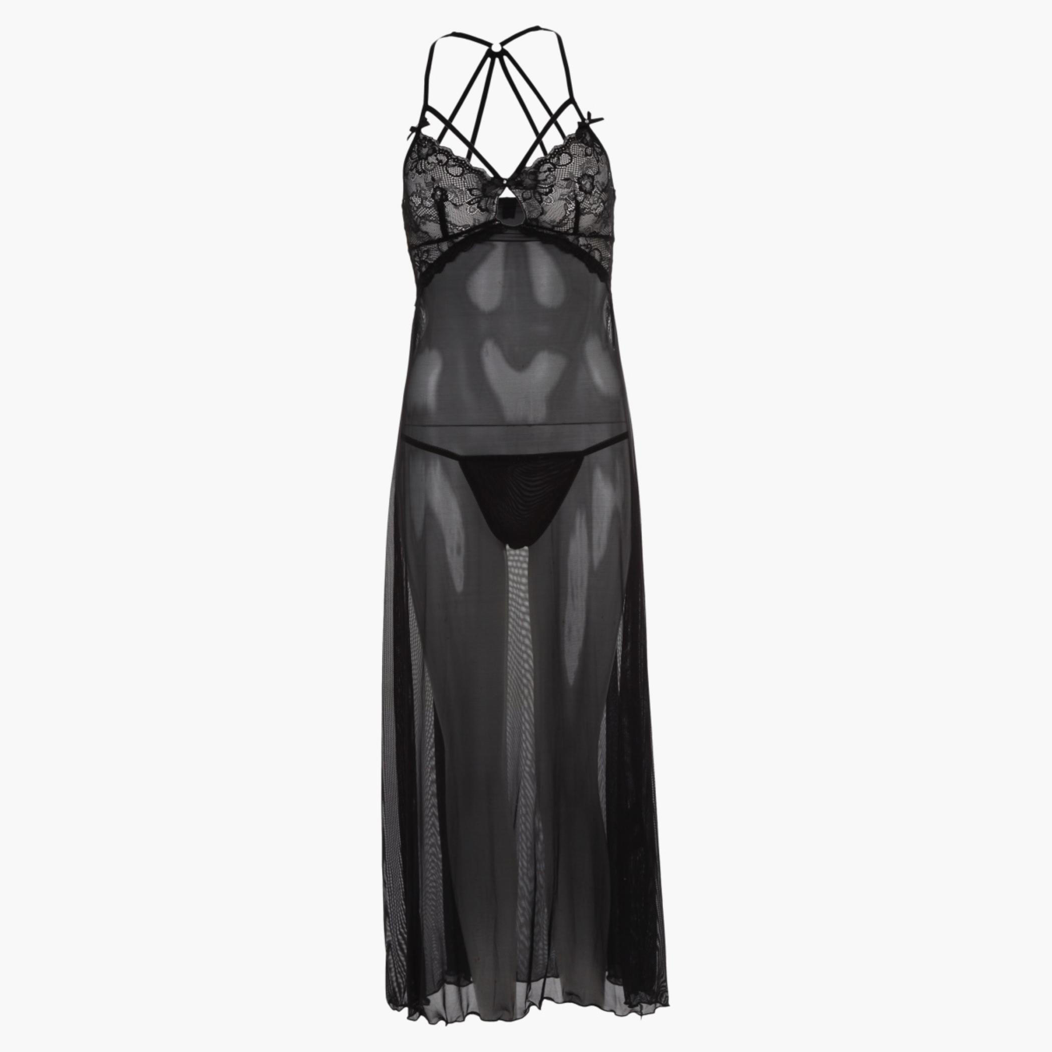 Lace-embellished Long Dress with Mesh and Satin-women-clothing-lingerie-babydollsandbodysuits-image-1
