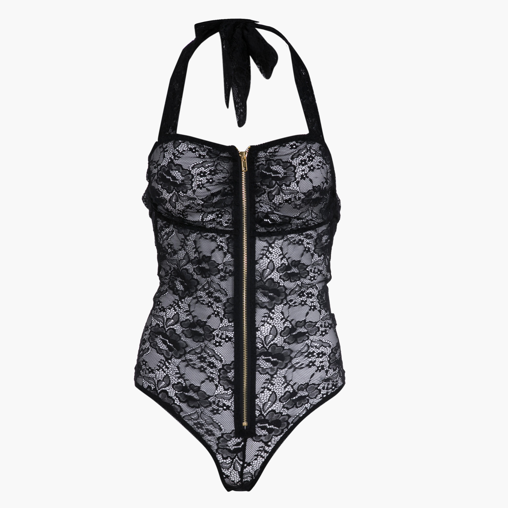 Zippered Lace Teddy with Halter Neck-women-clothing-lingerie-babydollsandbodysuits-image-1