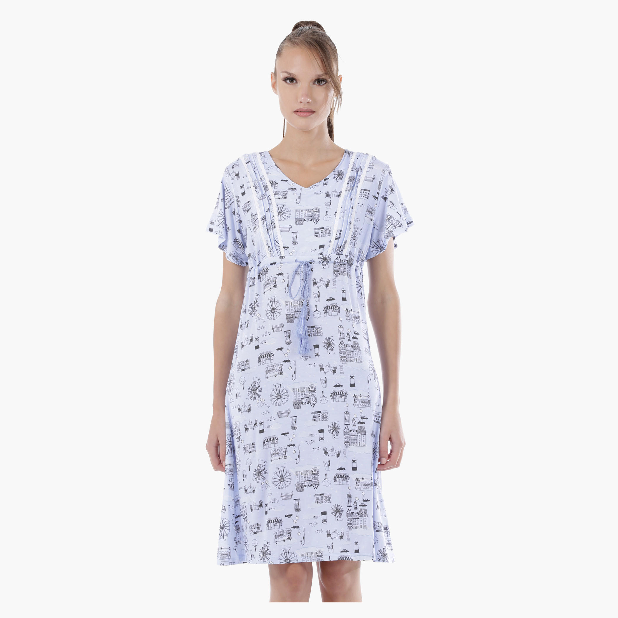 Printed Short Dress with Short Sleeves-women-clothing-nightwear-nighties-image-1