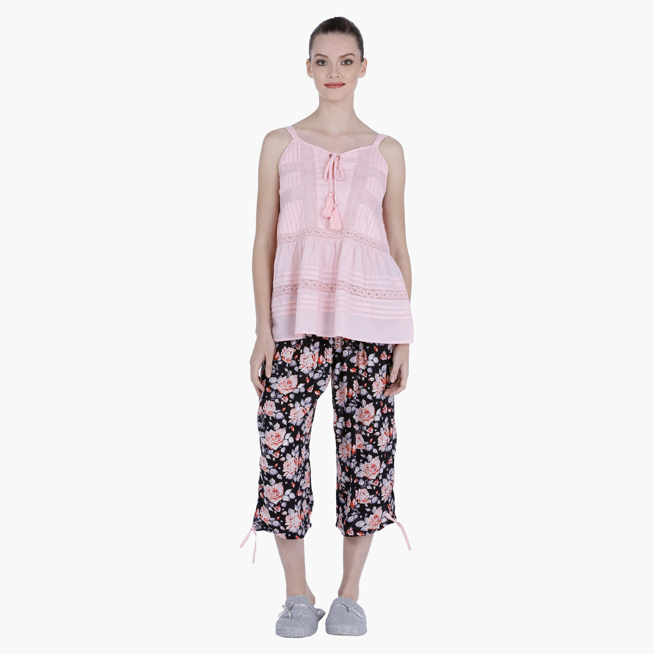 Pleated Top and Printed Capri Set-women-clothing-nightwear-pyjamas-longsets-image-1
