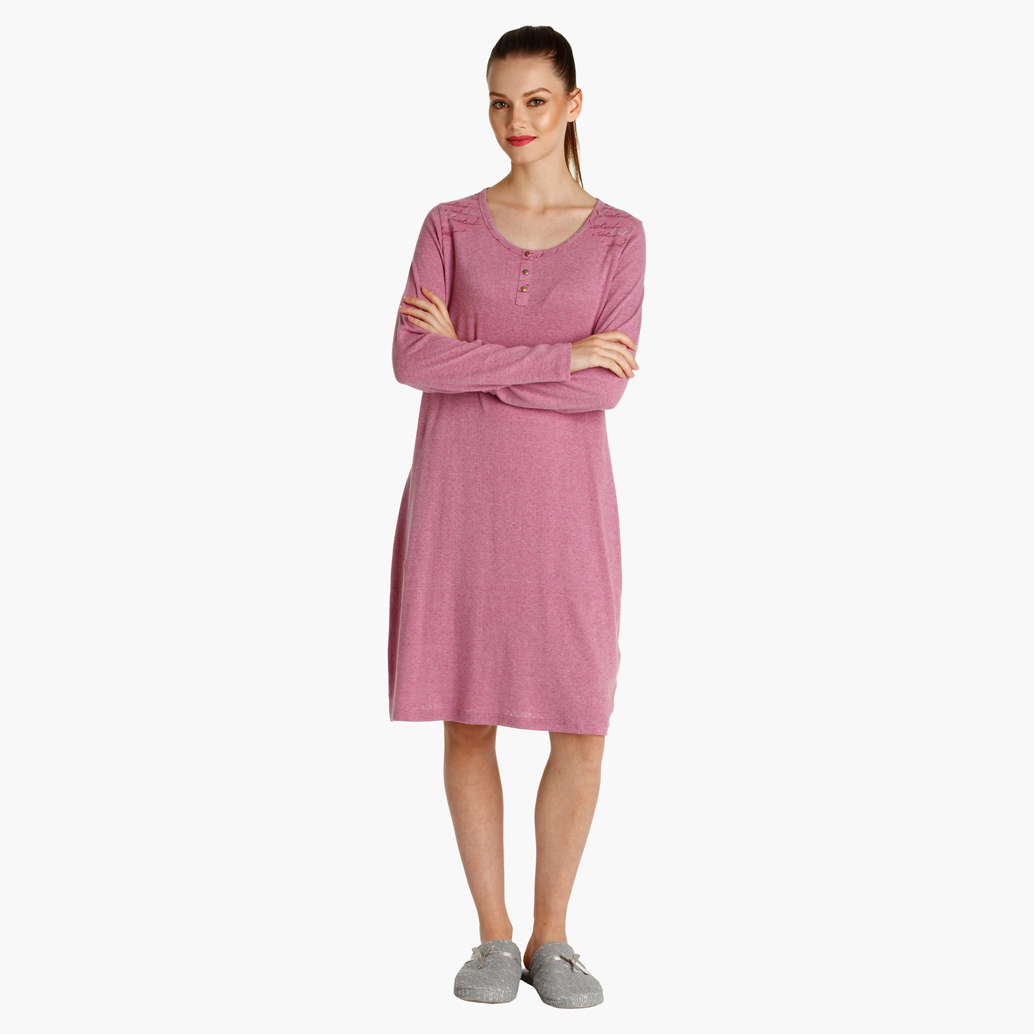 Textured Nightdress with Long Sleeves-women-clothing-nightwear-nighties-image-1