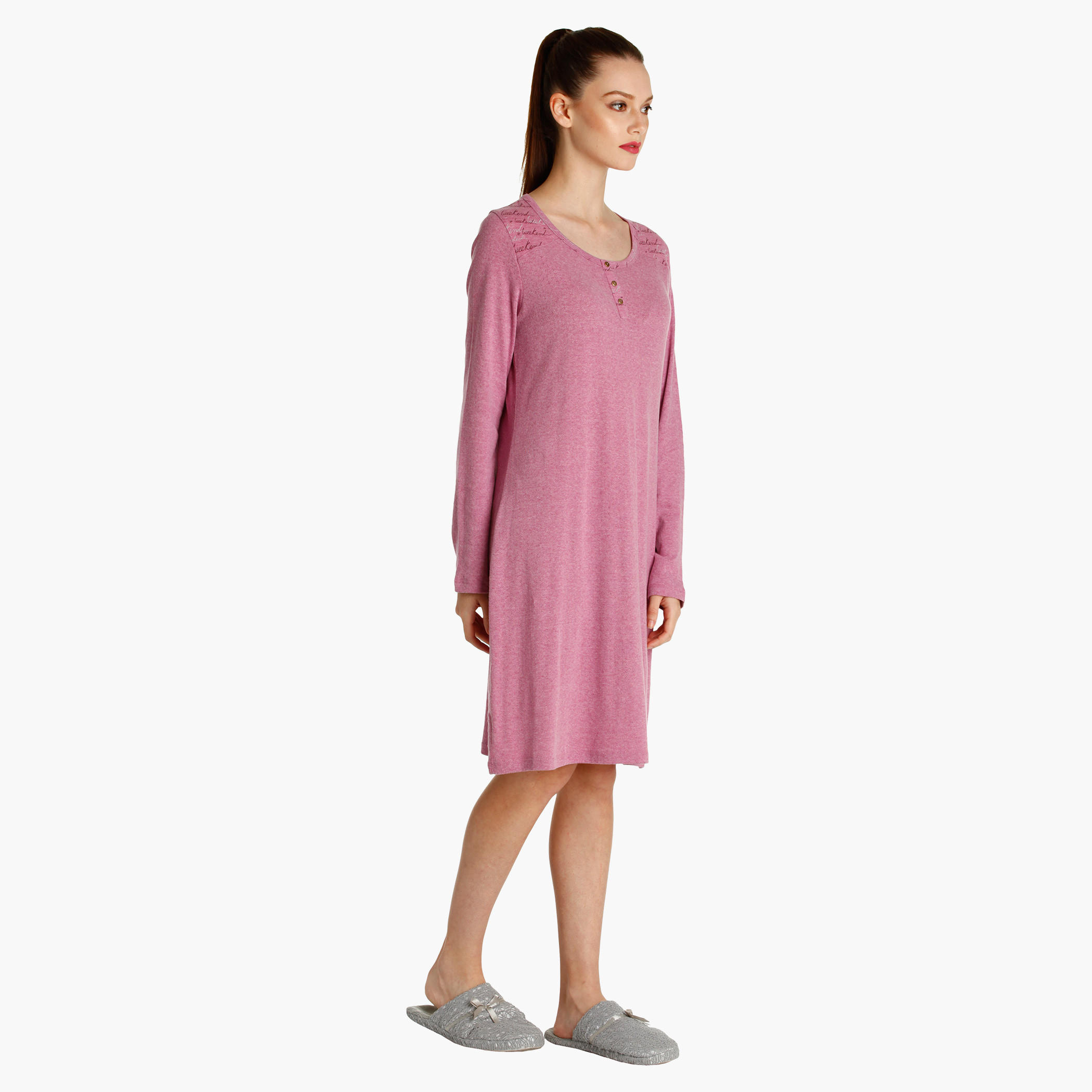Textured Nightdress with Long Sleeves-women-clothing-nightwear-nighties-image-3