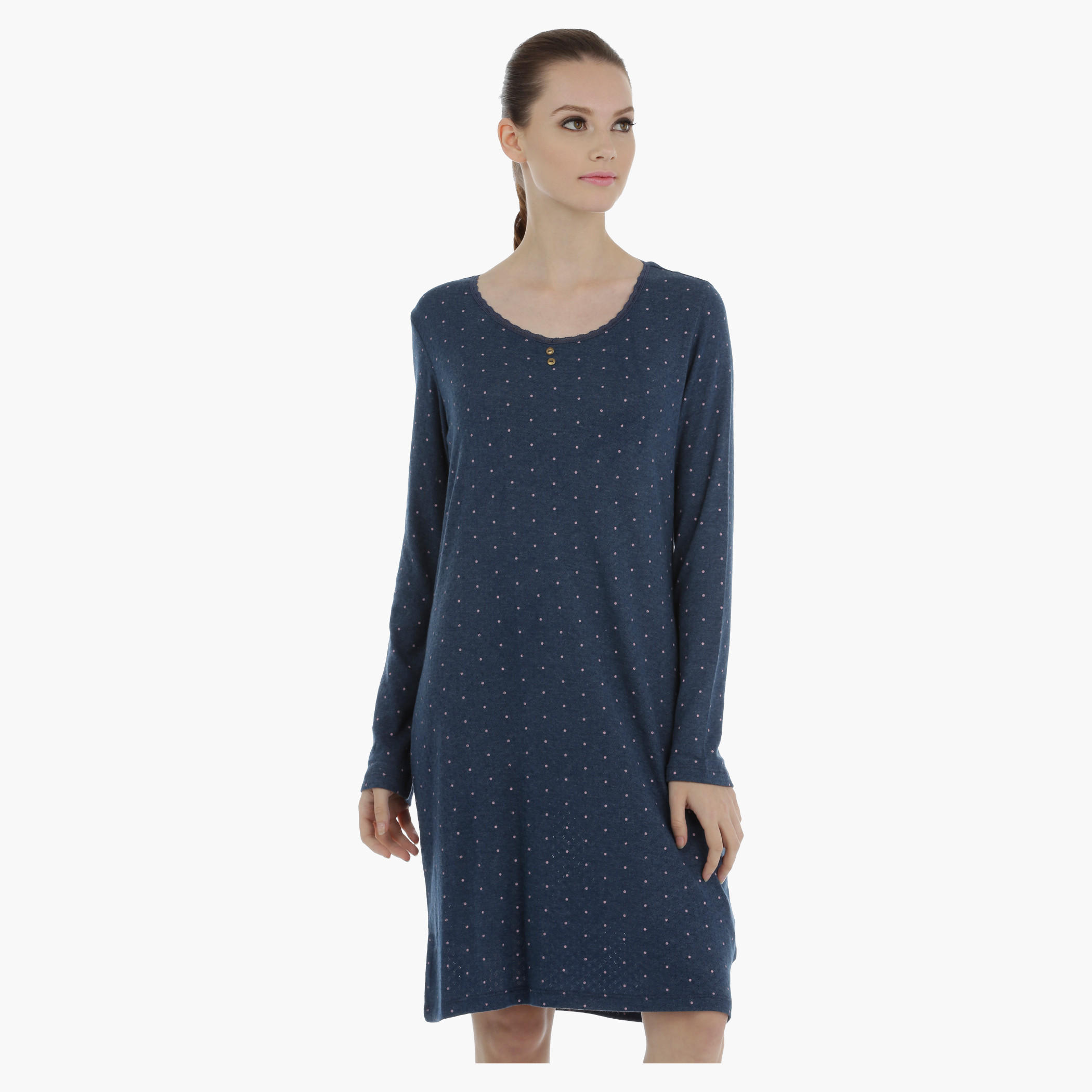 Polka Dot Sleep Dress with Long Sleeves-women-clothing-nightwear-nighties-image-1
