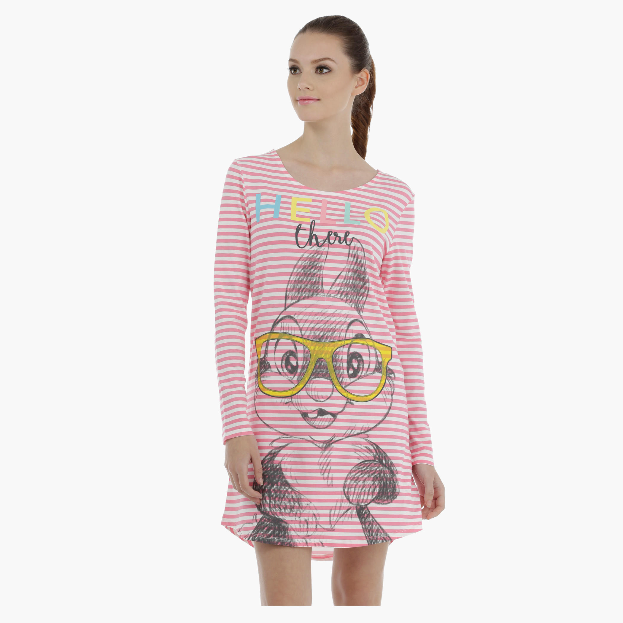 Striped Night Dress with Long Sleeves-women-clothing-nightwear-nighties-image-1