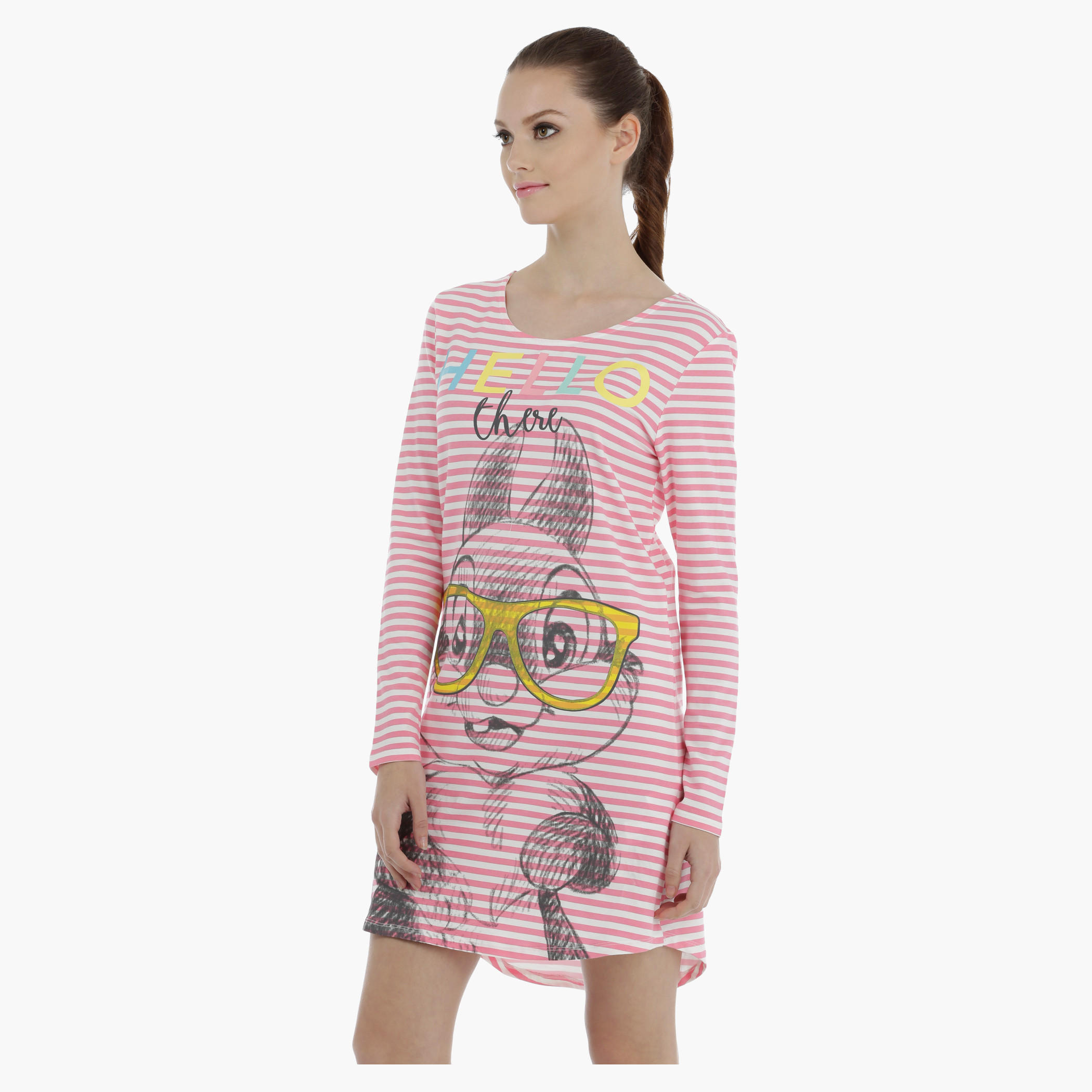 Striped Night Dress with Long Sleeves-women-clothing-nightwear-nighties-image-3
