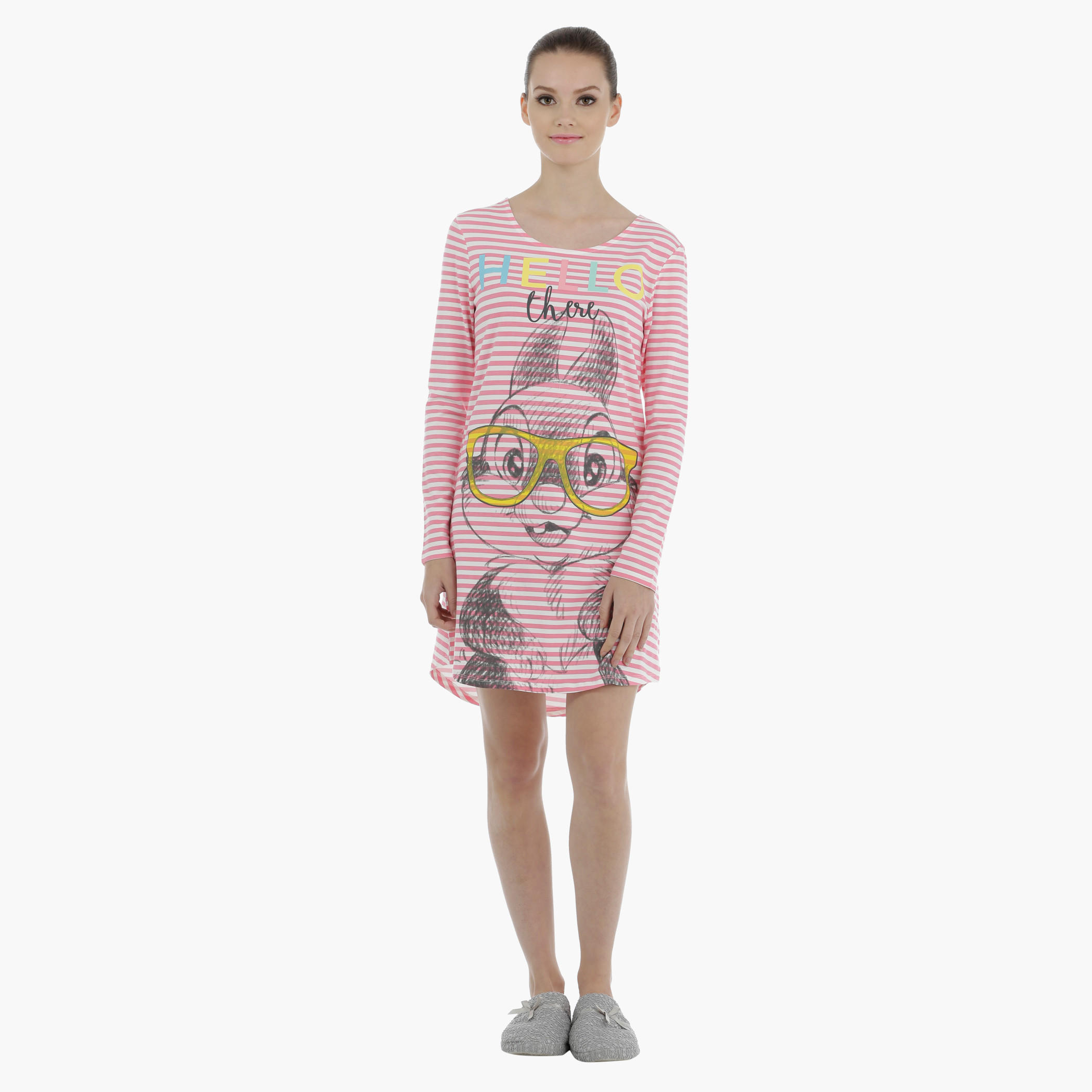 Striped Night Dress with Long Sleeves-women-clothing-nightwear-nighties-image-5