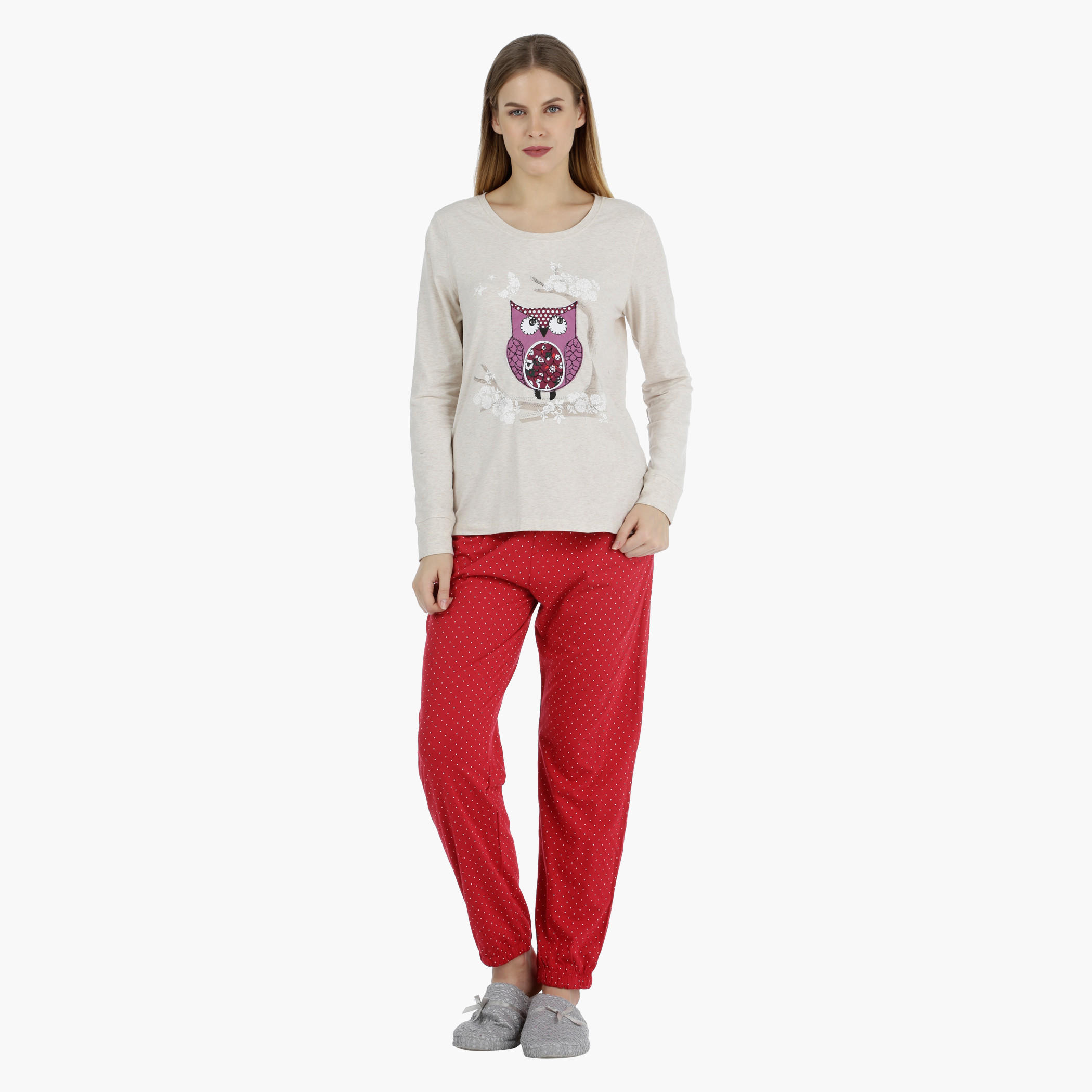 طقم سروال بيجاما طويل ومنقّط وتبلوزة بأكمام طويلة وطبعات-women-clothing-nightwear-pyjamas-longsets-image-1