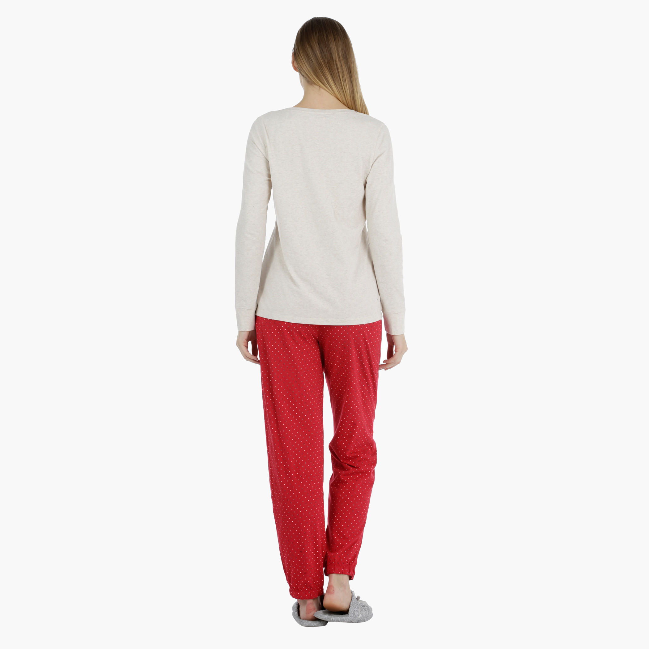 طقم سروال بيجاما طويل ومنقّط وتبلوزة بأكمام طويلة وطبعات-women-clothing-nightwear-pyjamas-longsets-image-2