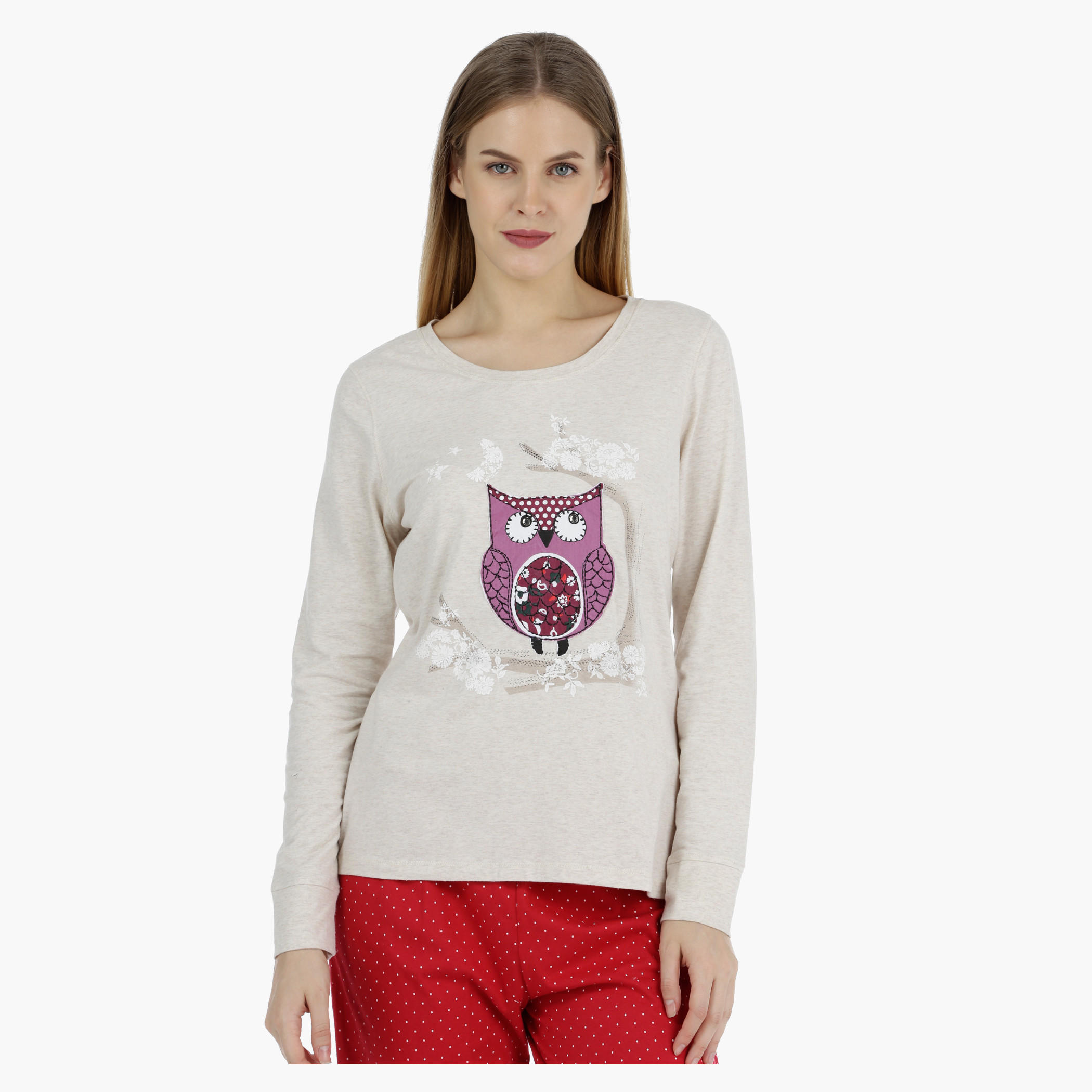 طقم سروال بيجاما طويل ومنقّط وتبلوزة بأكمام طويلة وطبعات-women-clothing-nightwear-pyjamas-longsets-image-4