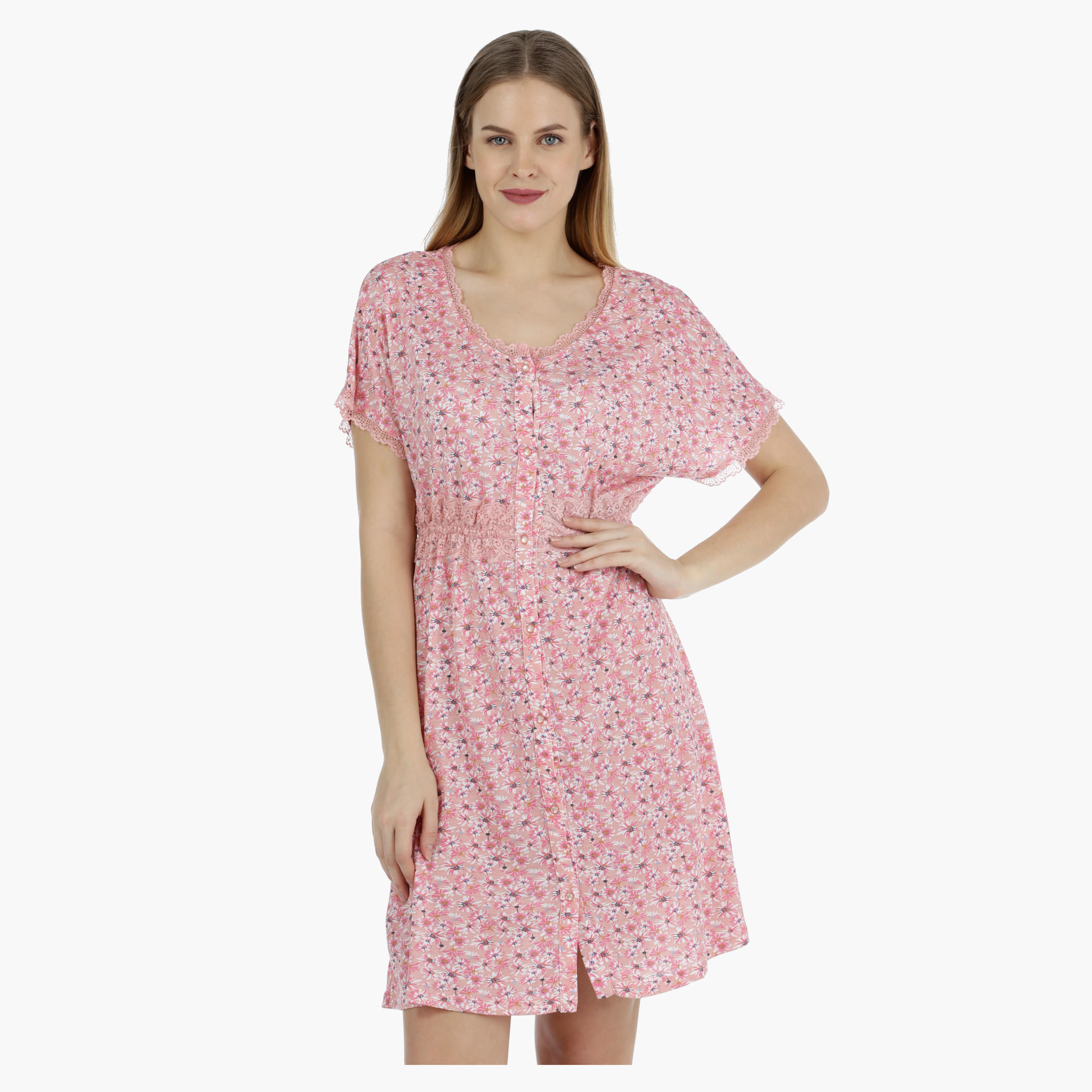 Floral Print Short Dress with Lace Details-women-clothing-nightwear-nighties-image-1