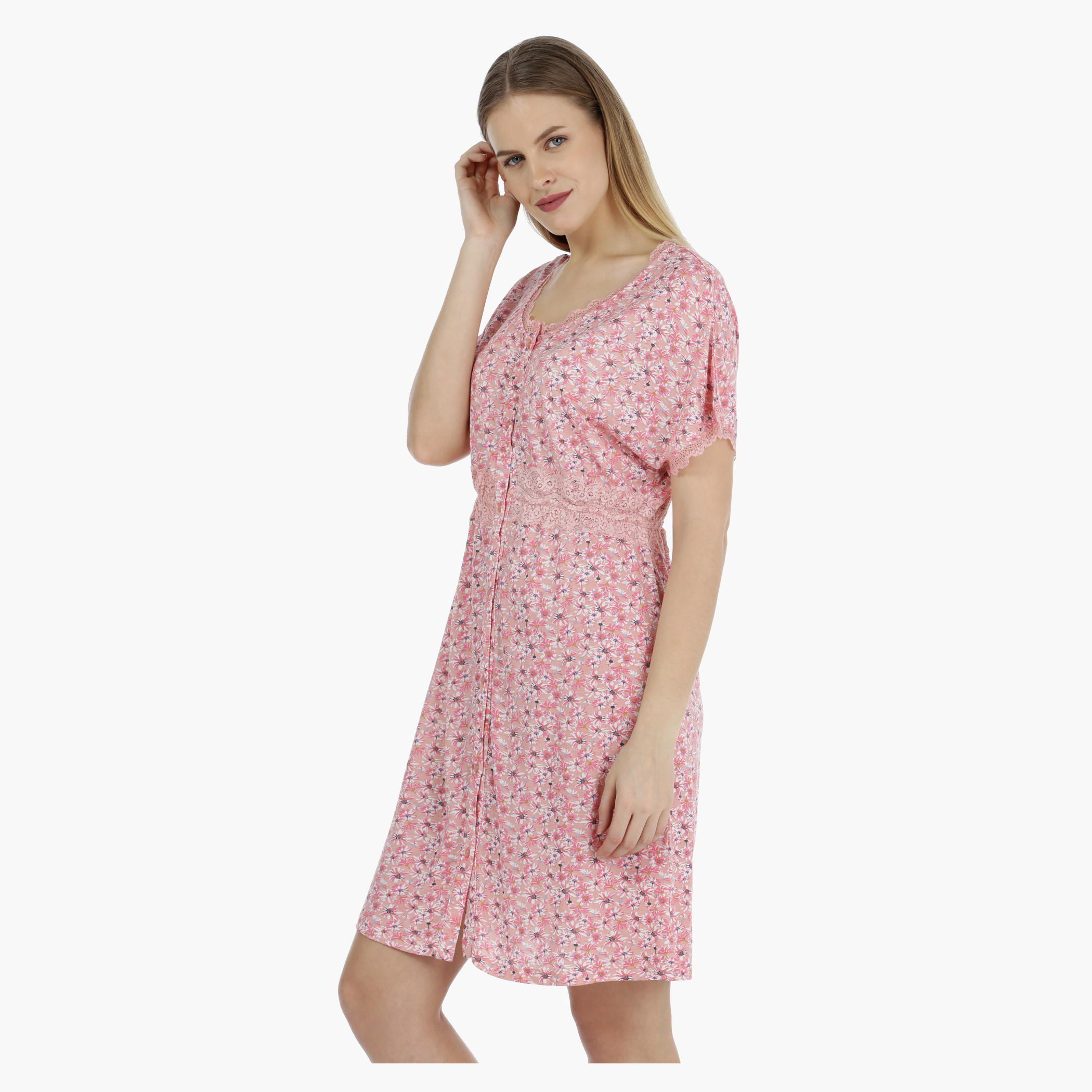 Floral Print Short Dress with Lace Details-women-clothing-nightwear-nighties-image-3