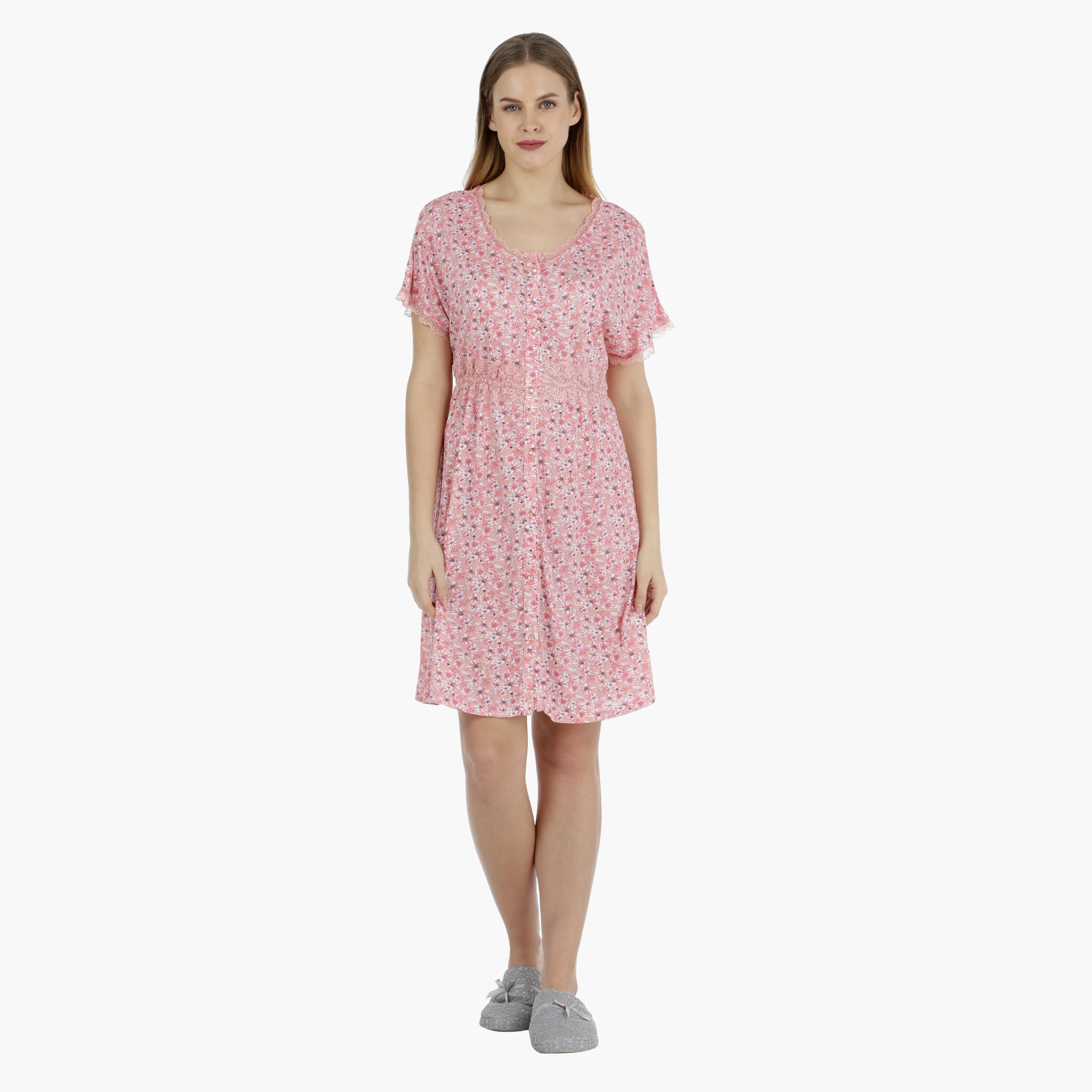 Floral Print Short Dress with Lace Details-women-clothing-nightwear-nighties-image-5