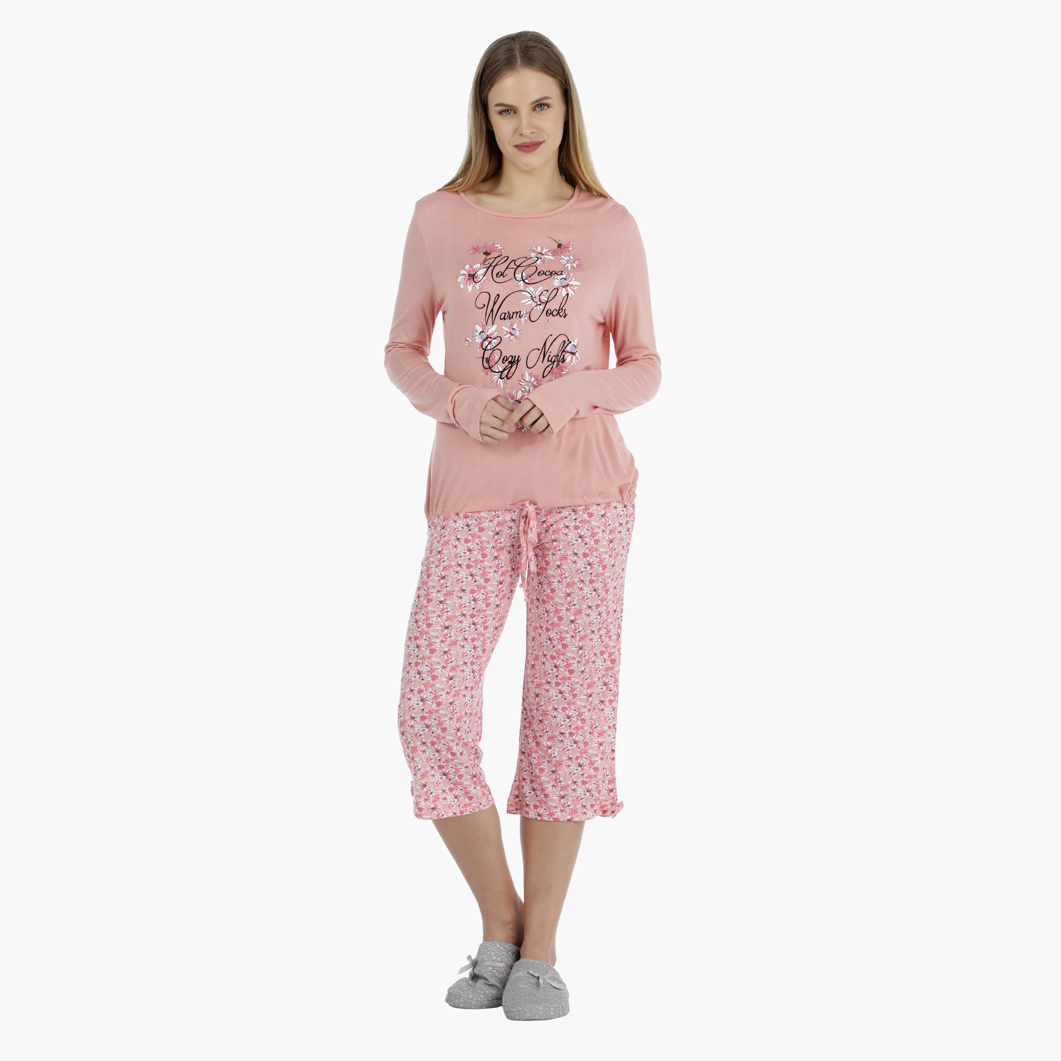 Printed Top with Tie-up Hem and Floral Print Bottom Capri Set-women-clothing-nightwear-pyjamas-longsets-image-1