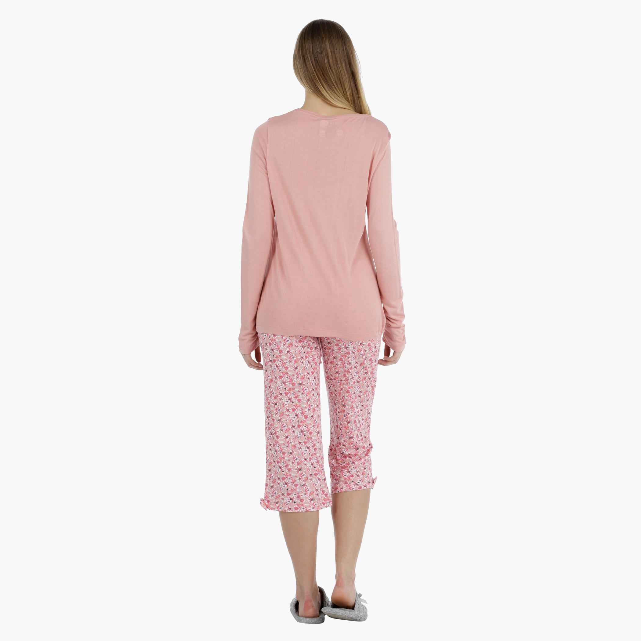 Printed Top with Tie-up Hem and Floral Print Bottom Capri Set-women-clothing-nightwear-pyjamas-longsets-image-2