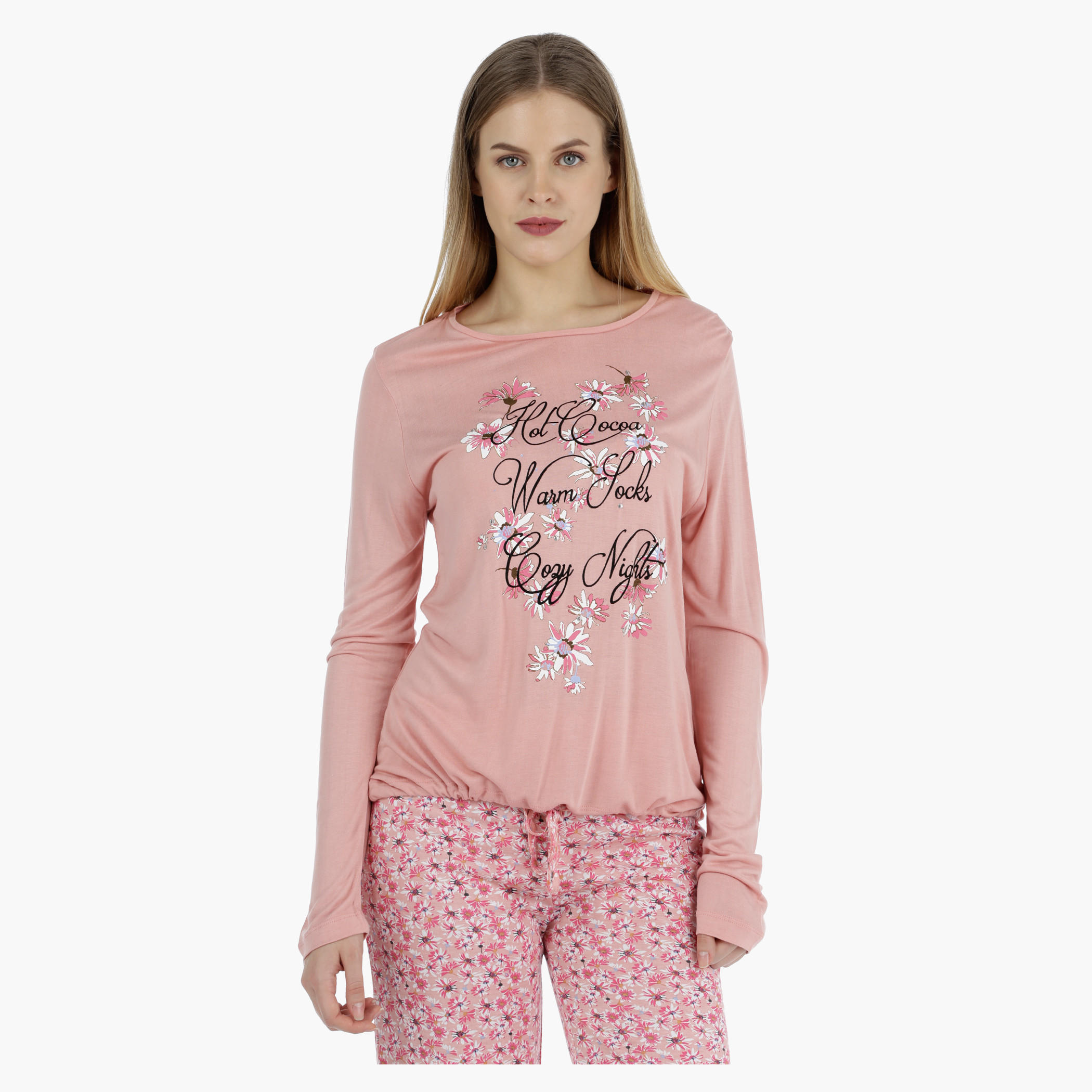 Printed Top with Tie-up Hem and Floral Print Bottom Capri Set-women-clothing-nightwear-pyjamas-longsets-image-4