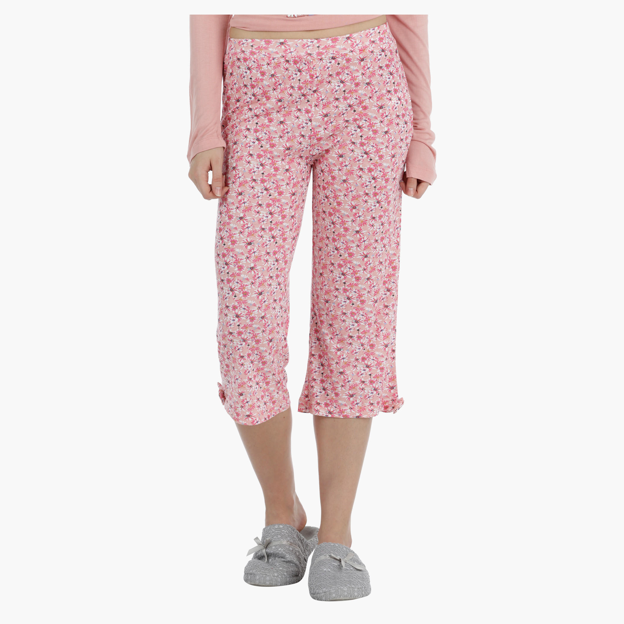 Printed Top with Tie-up Hem and Floral Print Bottom Capri Set-women-clothing-nightwear-pyjamas-longsets-image-5
