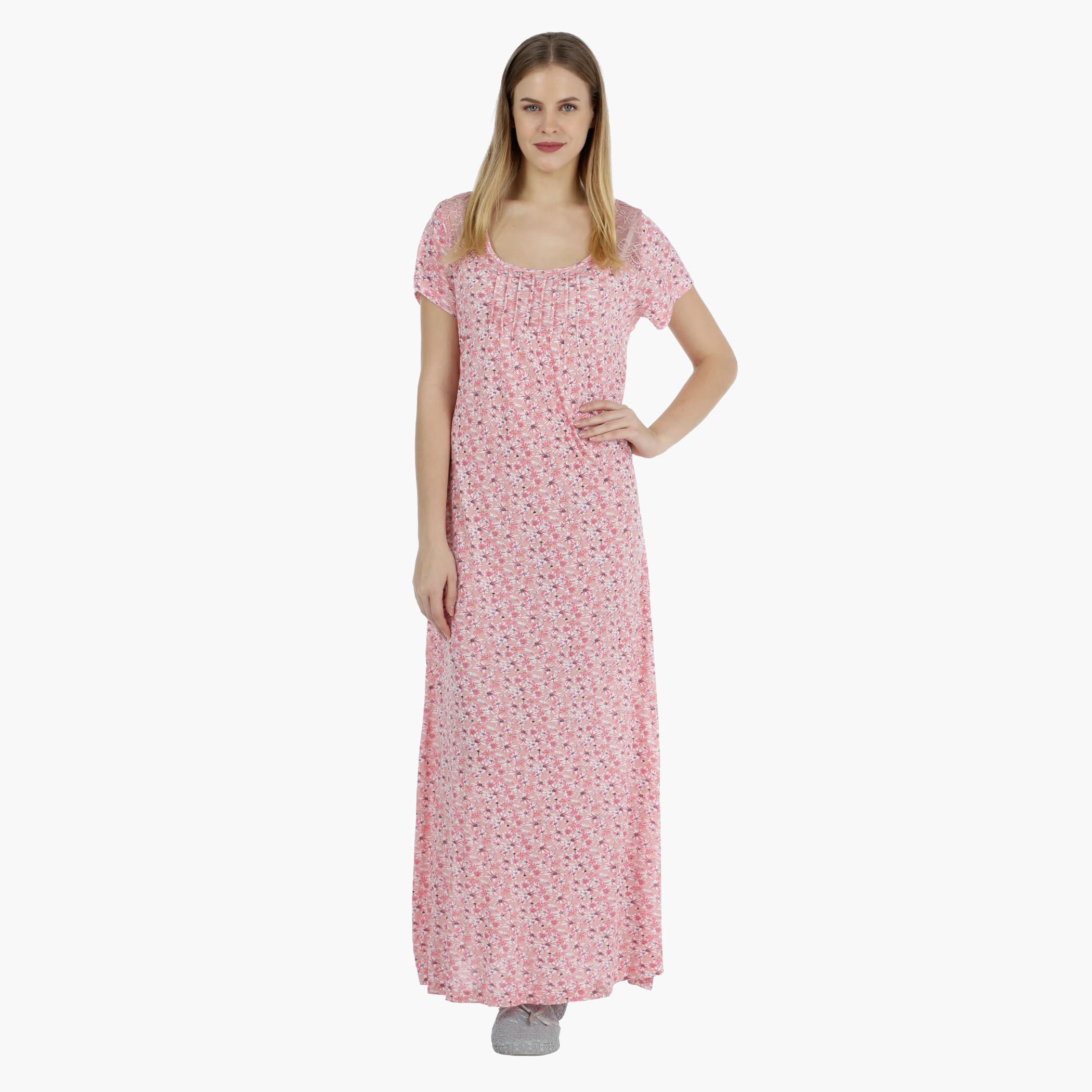 Floral Print Short-sleeved Maxi Dress-women-clothing-nightwear-nighties-image-1