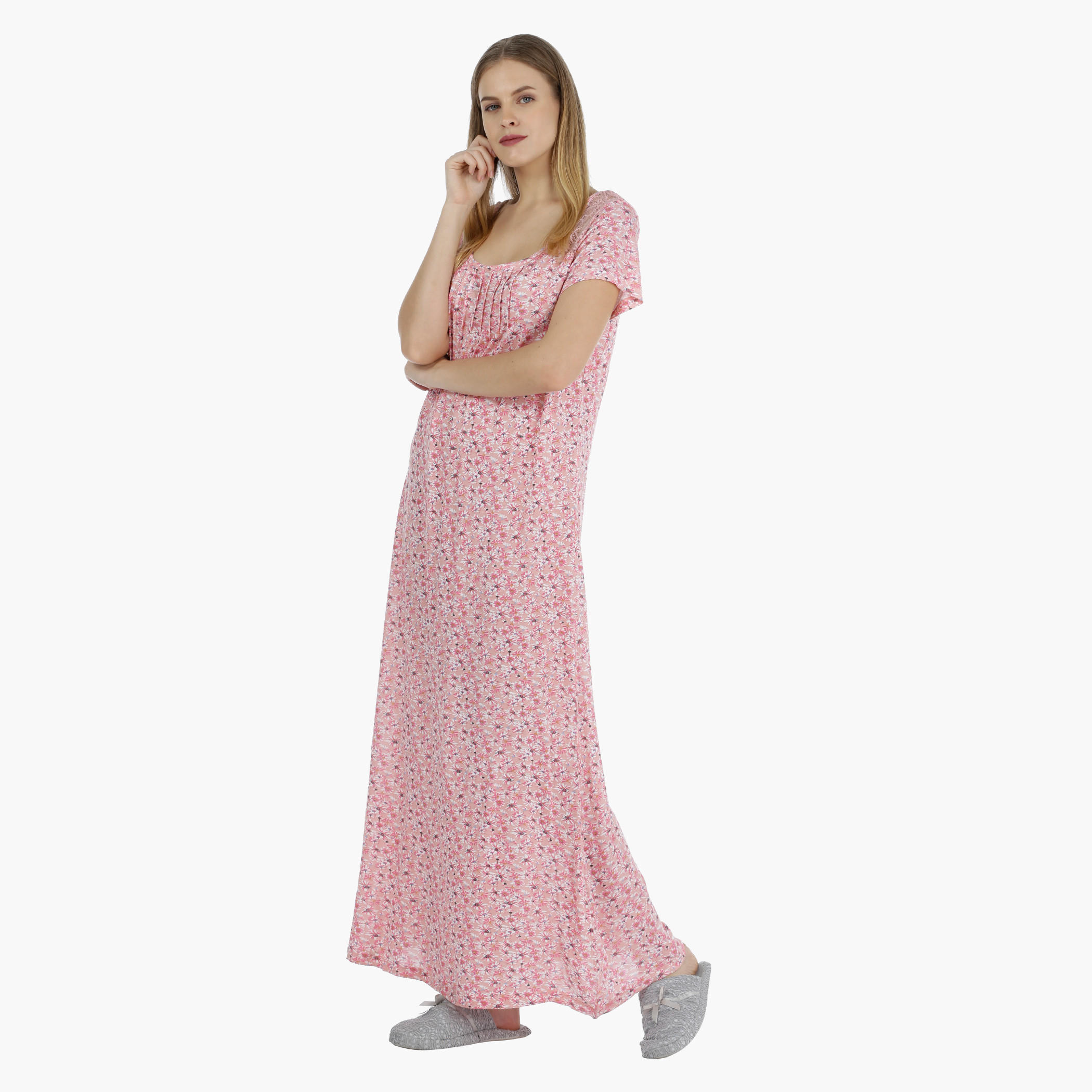 Floral Print Short-sleeved Maxi Dress-women-clothing-nightwear-nighties-image-3