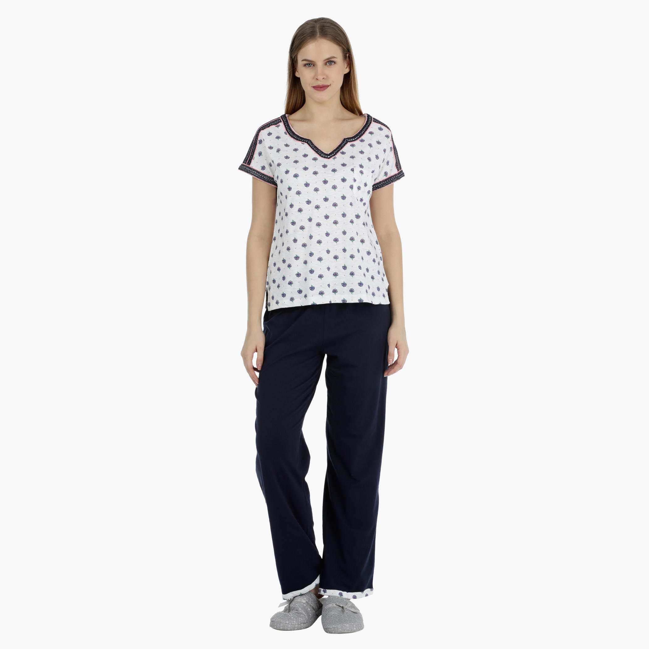 Printed Top and Solid Full-length Bottom Pajama Set-women-clothing-nightwear-pyjamas-longsets-image-1